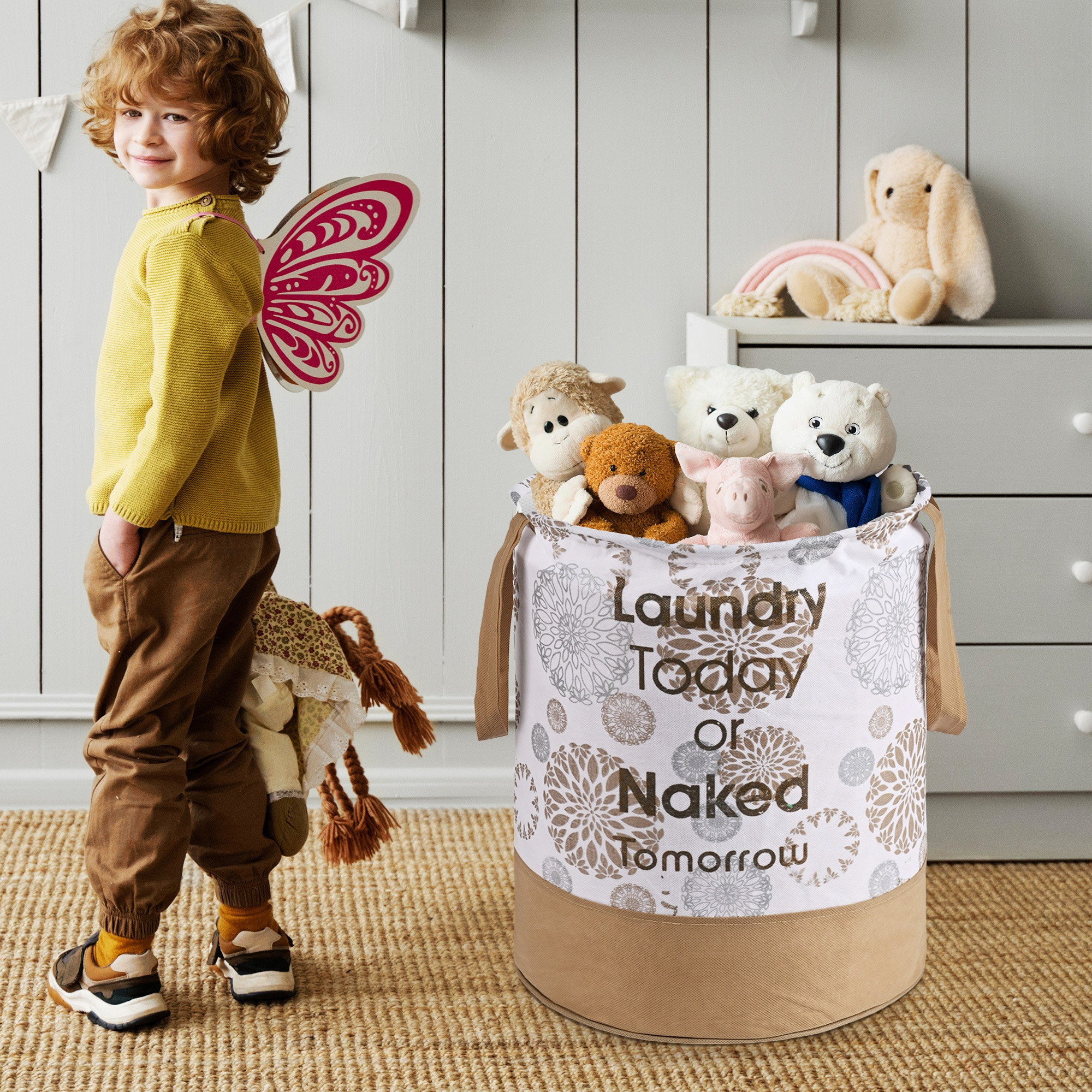 Kuber Industries 45L Foldable Dirty Clothes Laundry Basket With Handles For Washing - Baby Unwashed Dress BinStorage Box  Floral Print -White  Gold