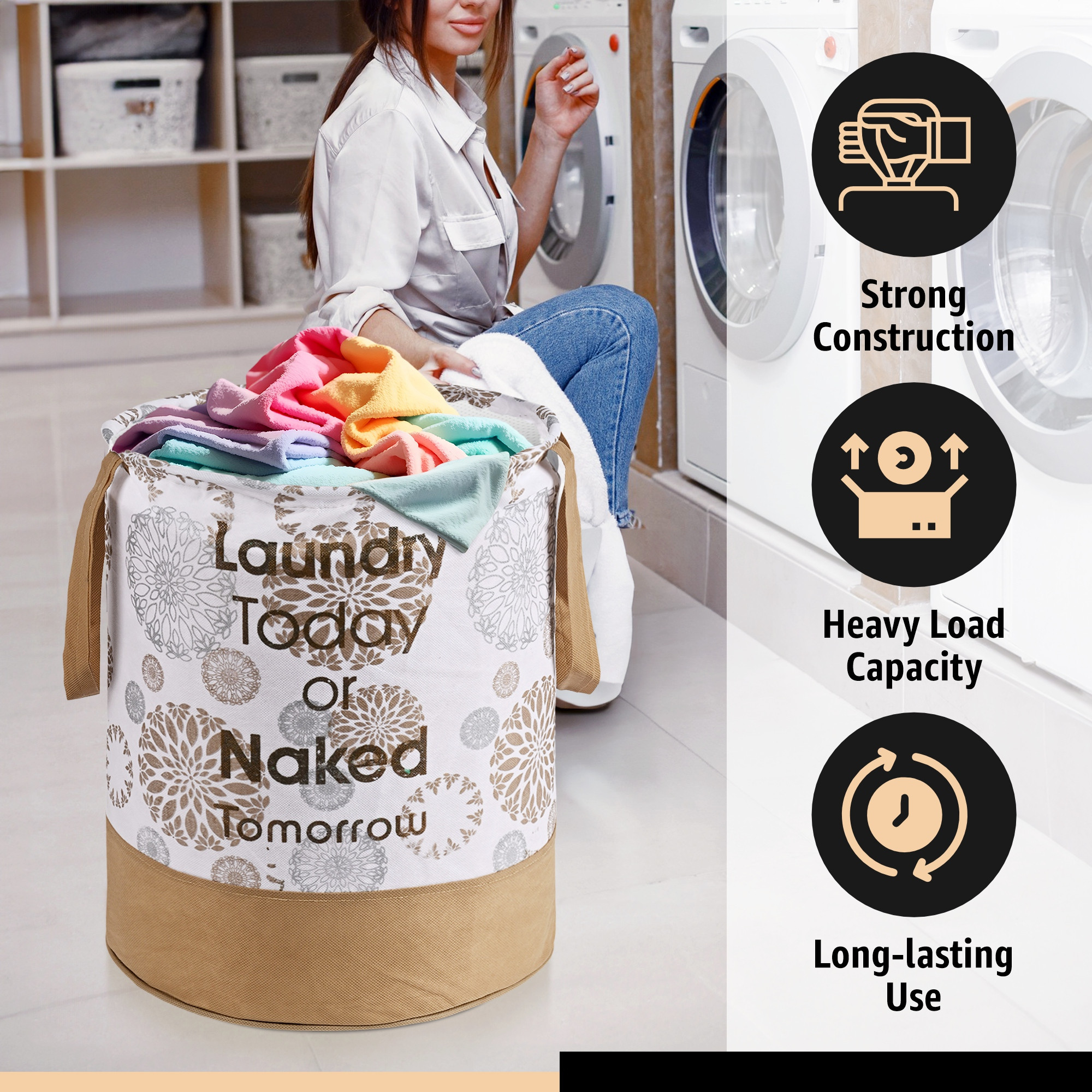 Kuber Industries 45L Foldable Dirty Clothes Laundry Basket With Handles For Washing - Baby Unwashed Dress BinStorage Box  Floral Print -White  Gold