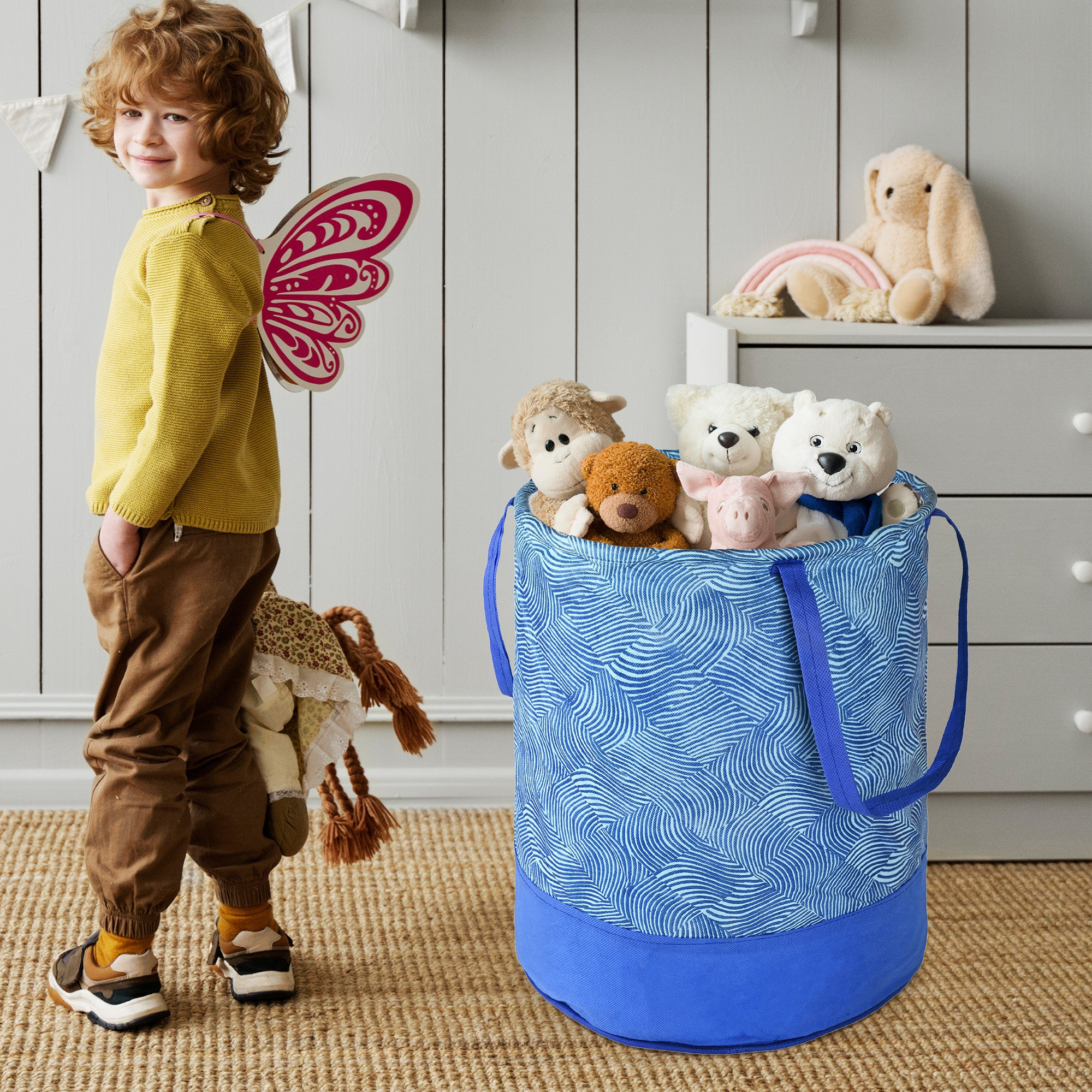 Kuber Industries 45L Foldable Dirty Clothes Laundry Basket With Handles For Washing - Baby Unwashed Dress BinStorage Box  Wavy Pattern - Blue