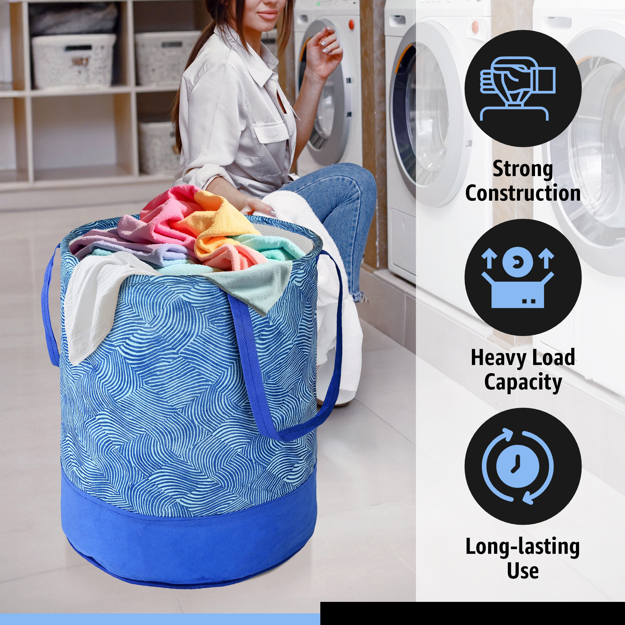 Kuber Industries 45L Foldable Dirty Clothes Laundry Basket With Handles For Washing - Baby Unwashed Dress BinStorage Box  Wavy Pattern - Blue