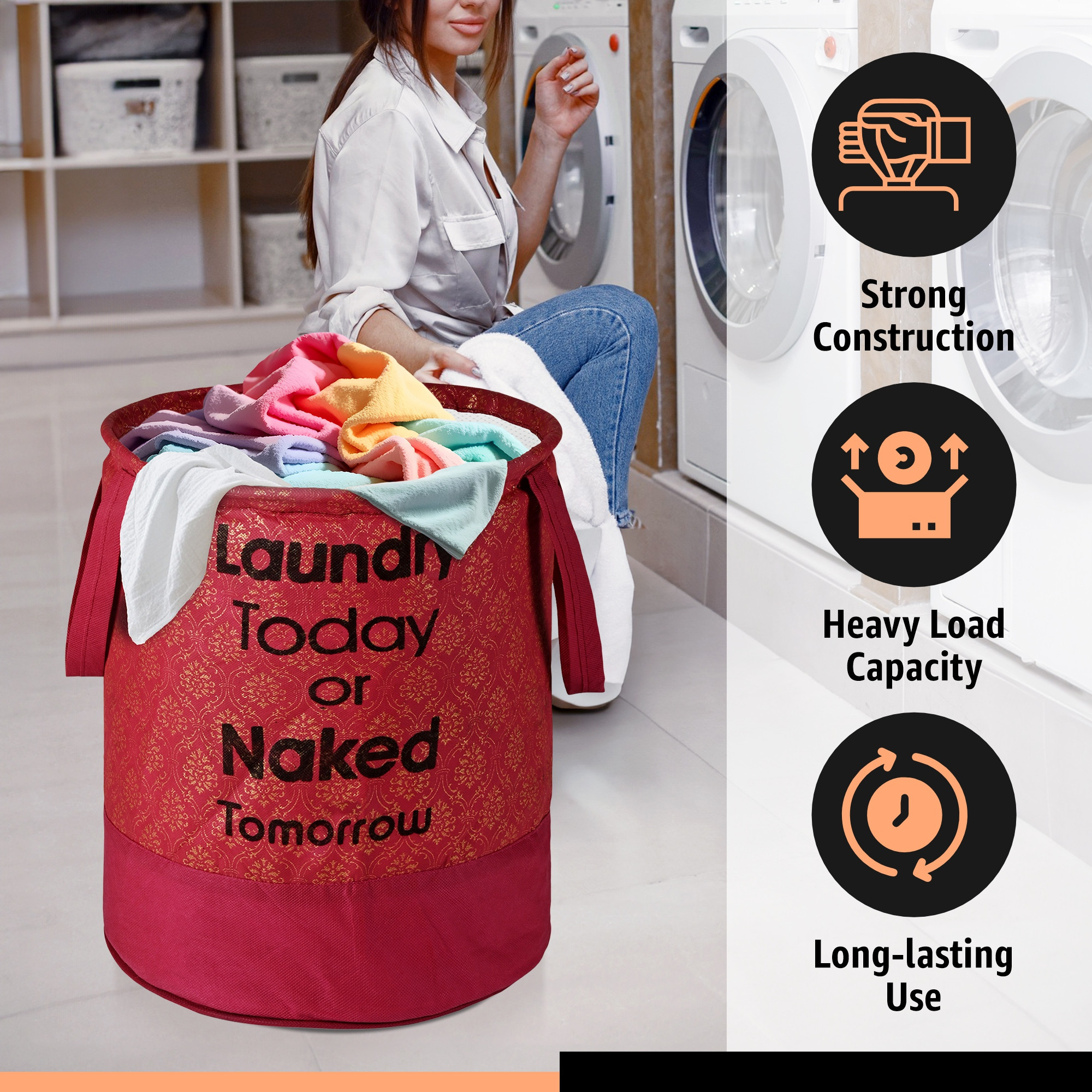 Kuber Industries 45L Foldable Dirty Clothes Laundry Basket With Handles For Washing - Baby Unwashed Dress BinStorage Box  Royal Print - Maroon