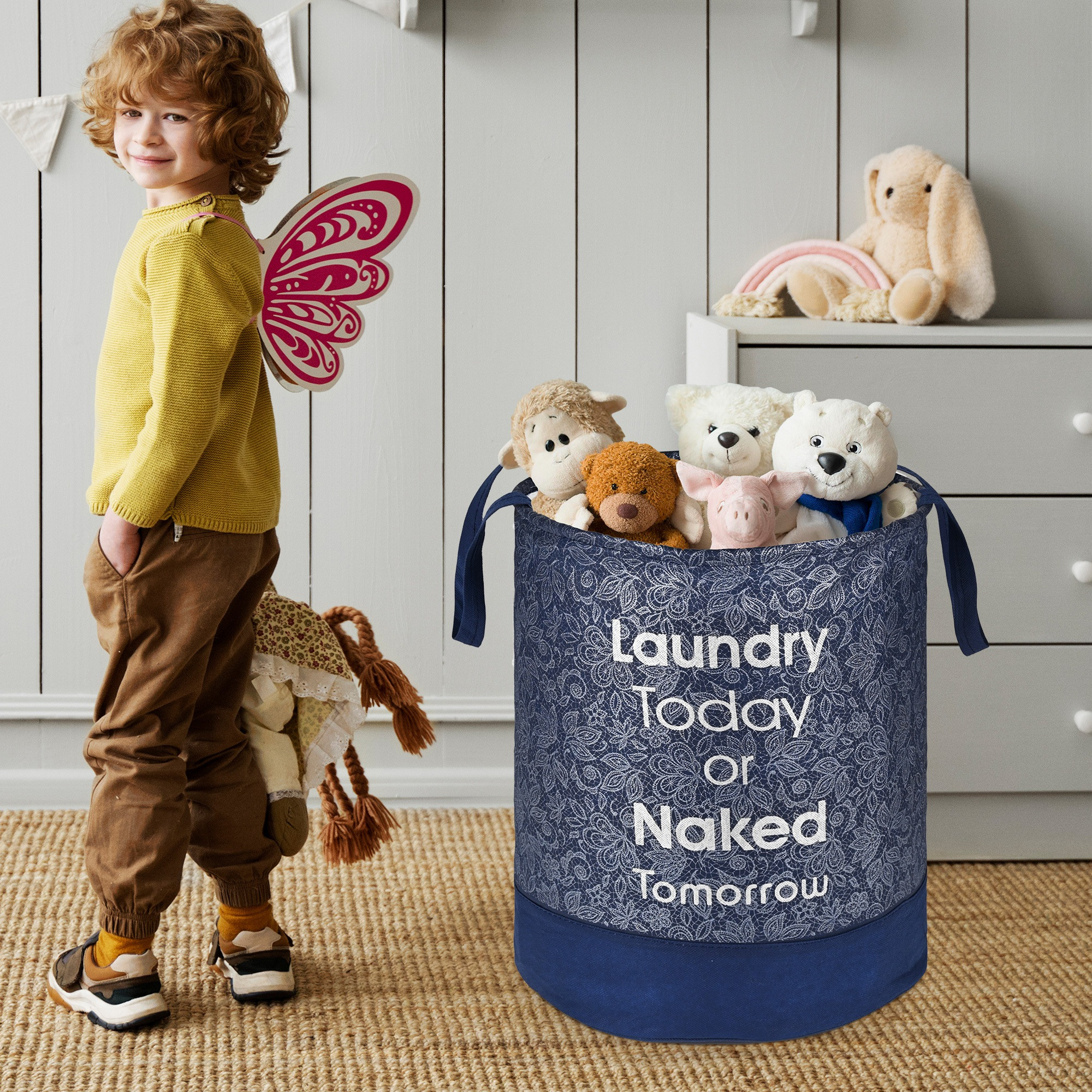 Kuber Industries 45L Foldable Dirty Clothes Laundry Basket With Handles For Washing - Baby Unwashed Dress BinStorage Box  Leaf Print - Blue