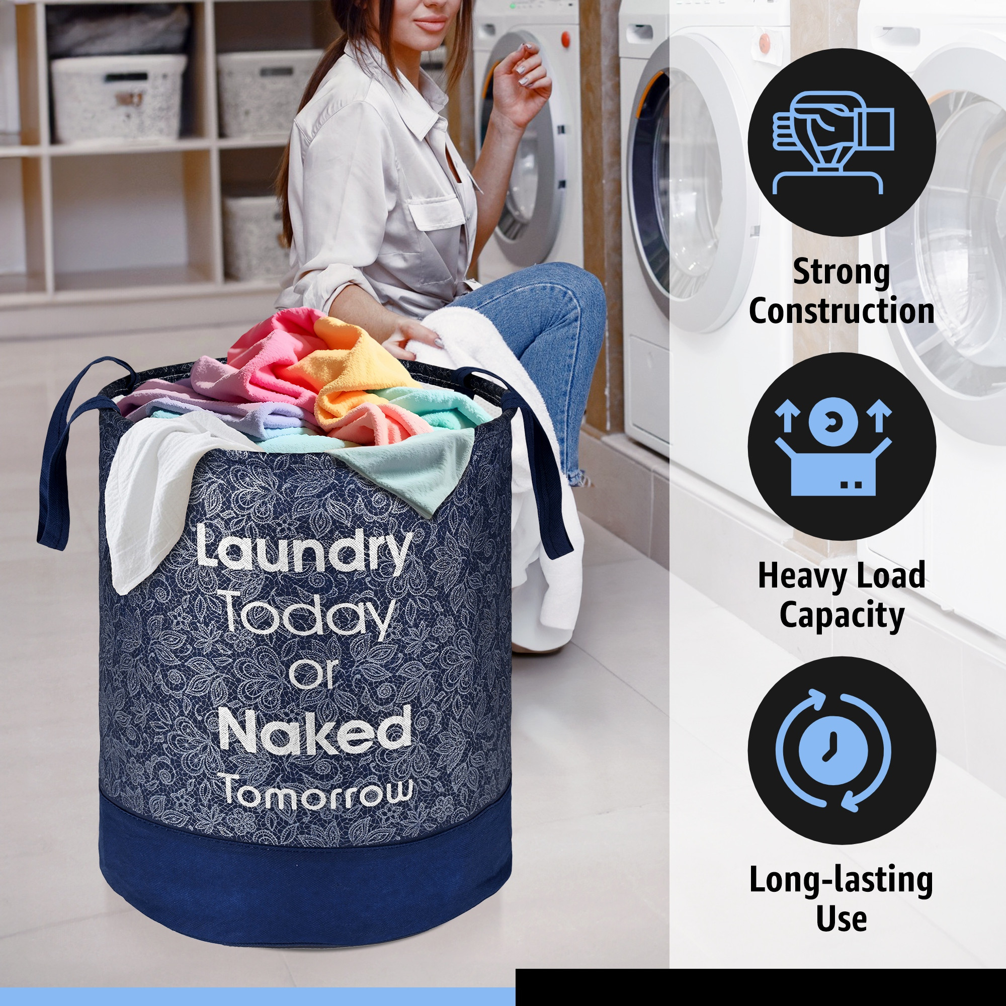 Kuber Industries 45L Foldable Dirty Clothes Laundry Basket With Handles For Washing - Baby Unwashed Dress BinStorage Box  Leaf Print - Blue