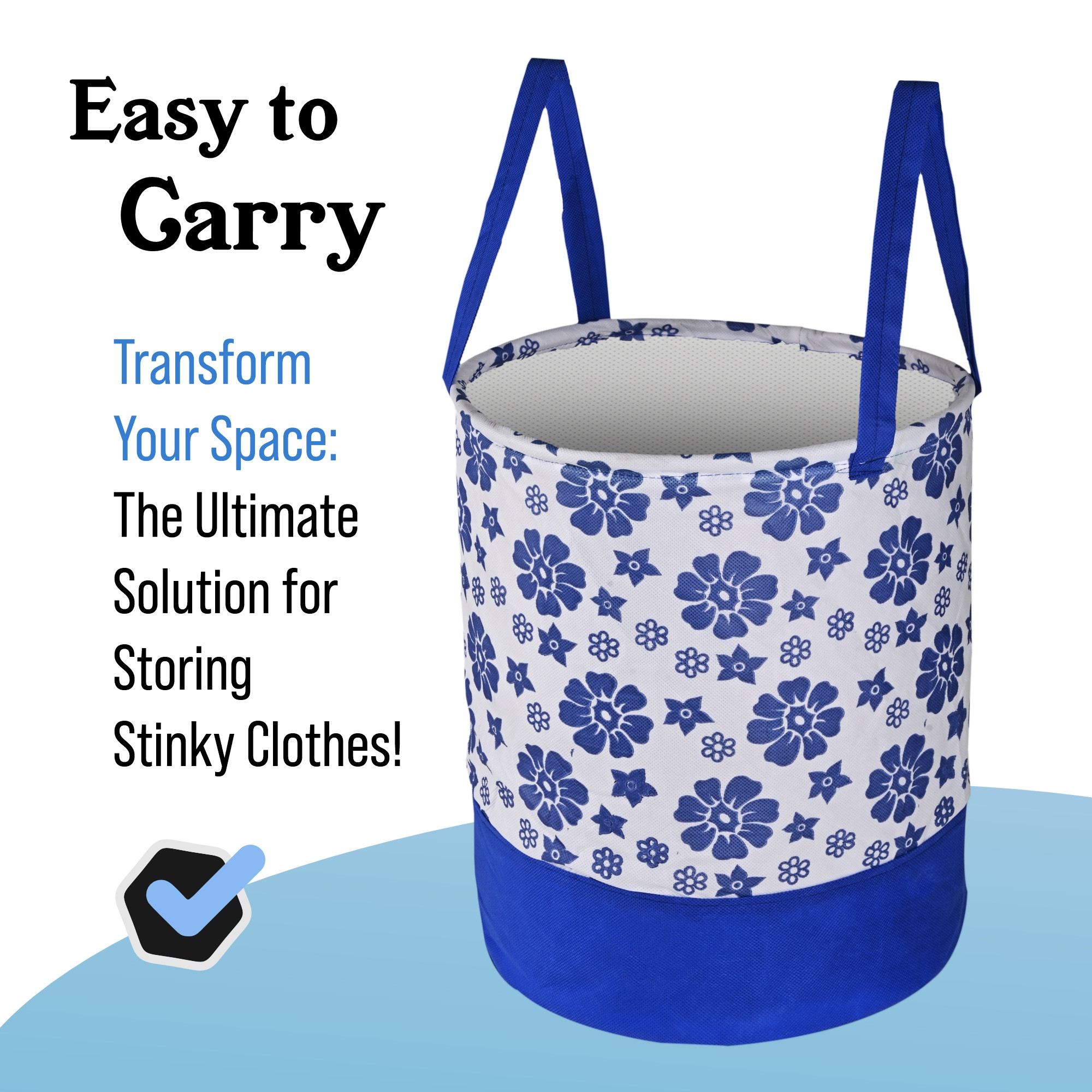 Kuber Industries 45L Foldable Dirty Clothes Laundry Basket With Handles For Washing - Baby Unwashed Dress BinStorage Box  Flower Print -Blue  White