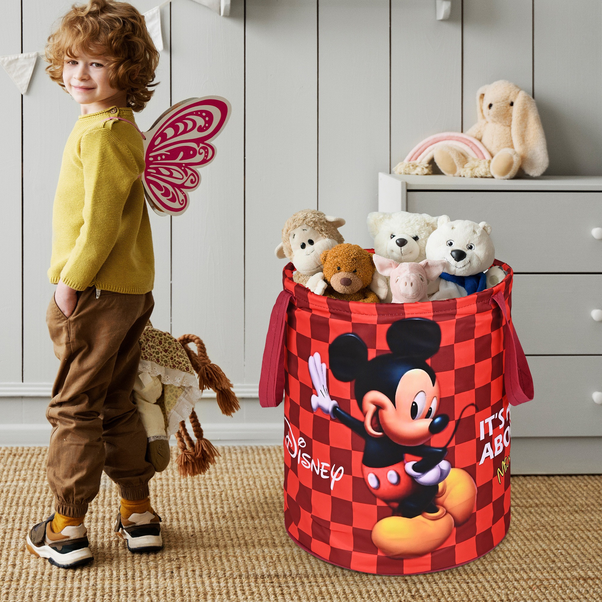 Kuber Industries 45L Foldable Dirty Clothes Laundry Basket With Handles For Washing - Baby Unwashed Dress BinStorage Box  Disney Mickey - Maroon