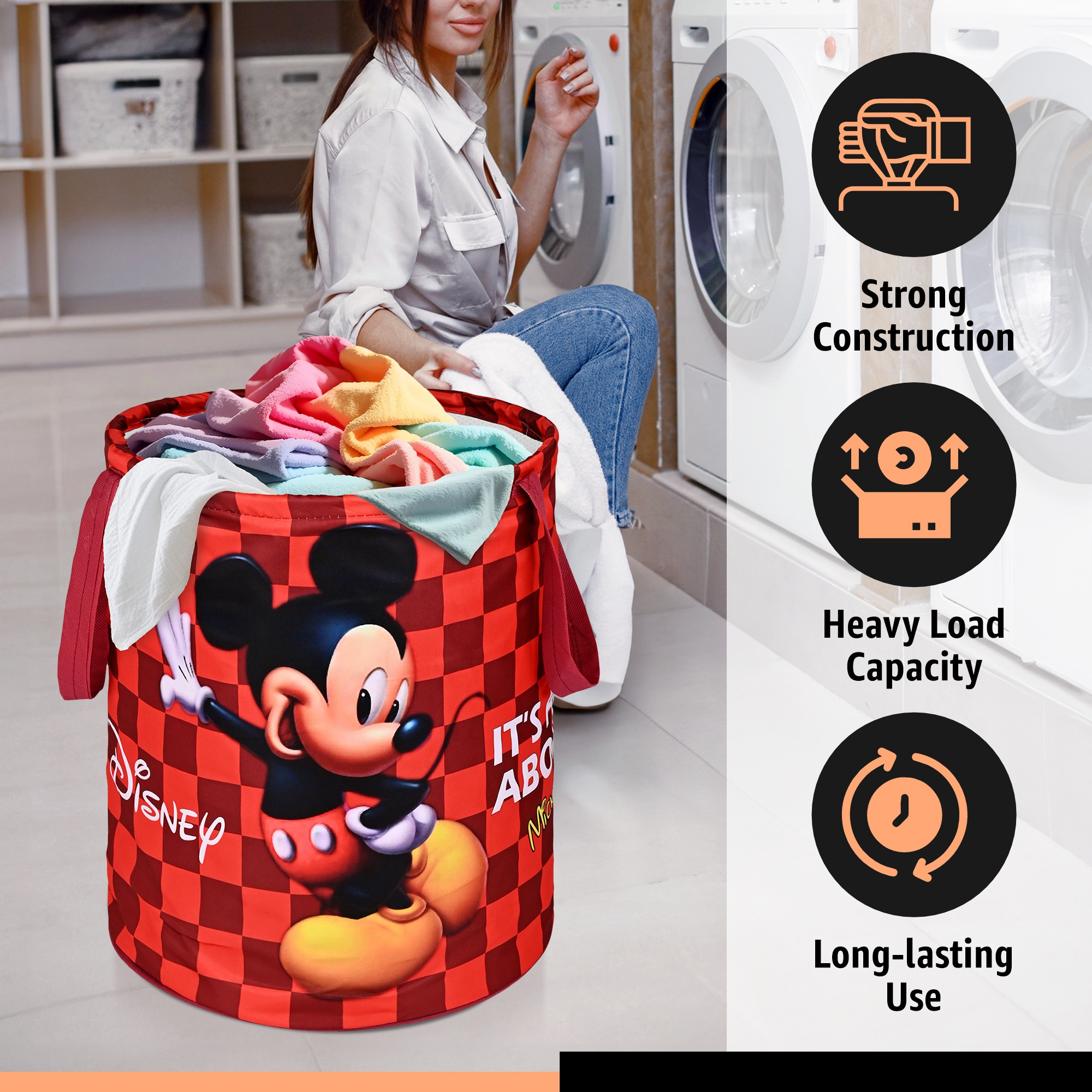 Kuber Industries 45L Foldable Dirty Clothes Laundry Basket With Handles For Washing - Baby Unwashed Dress BinStorage Box  Disney Mickey - Maroon