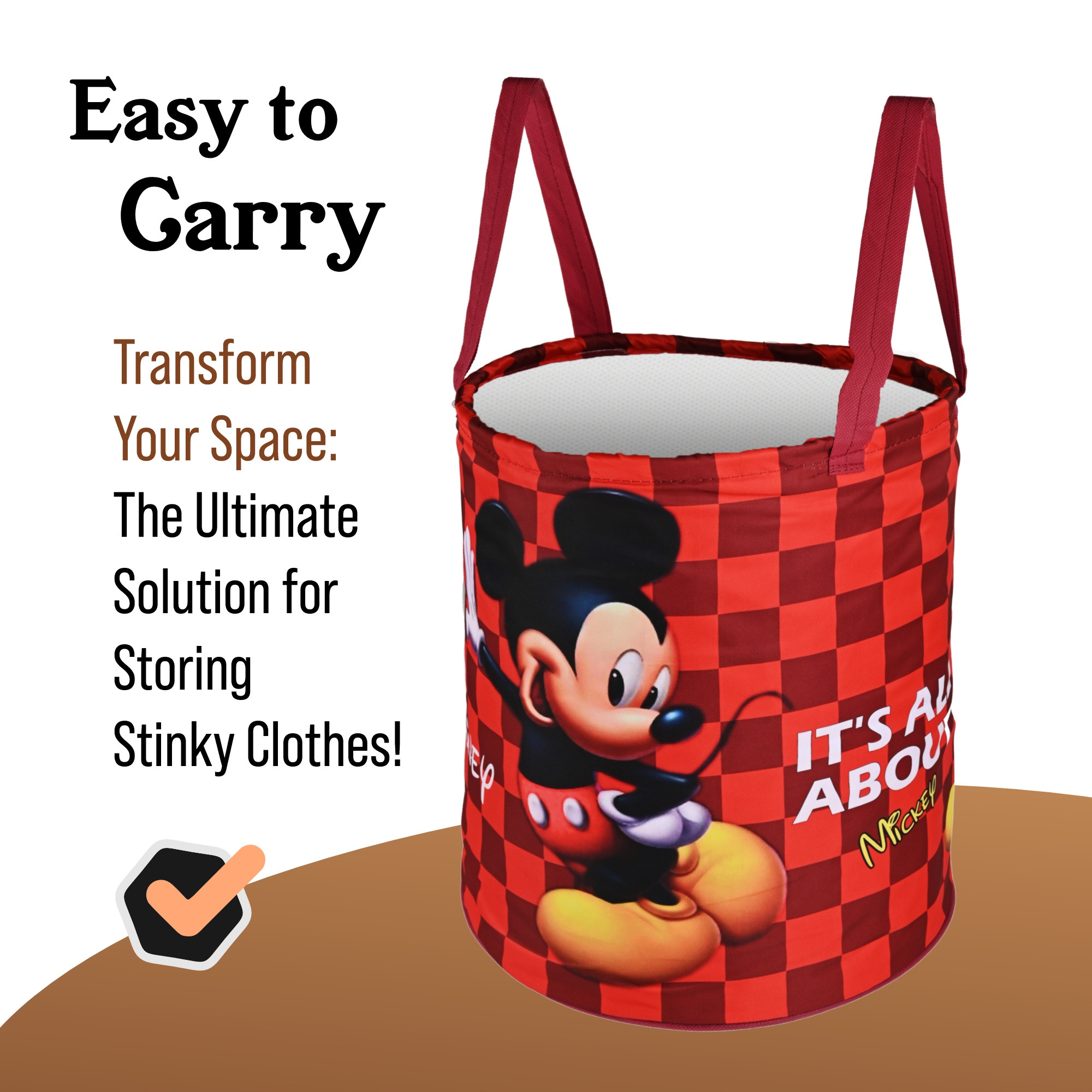 Kuber Industries 45L Foldable Dirty Clothes Laundry Basket With Handles For Washing - Baby Unwashed Dress BinStorage Box  Disney Mickey - Maroon