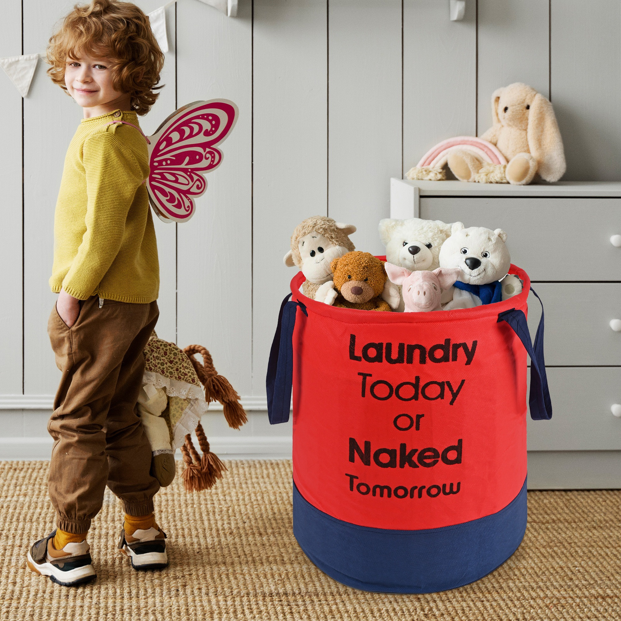 Kuber Industries 45L Foldable Dirty Clothes Laundry Basket With Handles For Washing - Baby Unwashed Dress BinStorage Box  Red  Blue