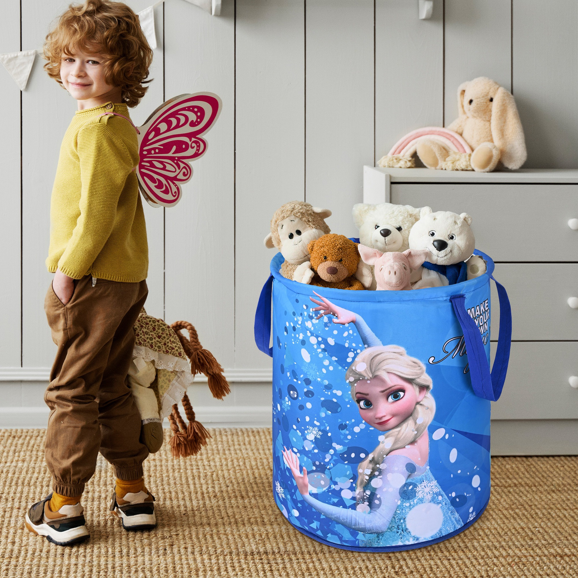 Kuber Industries 45L Foldable Dirty Clothes Laundry Basket With Handles For Washing - Baby Unwashed Dress BinStorage Box  Disney Frozen - Blue