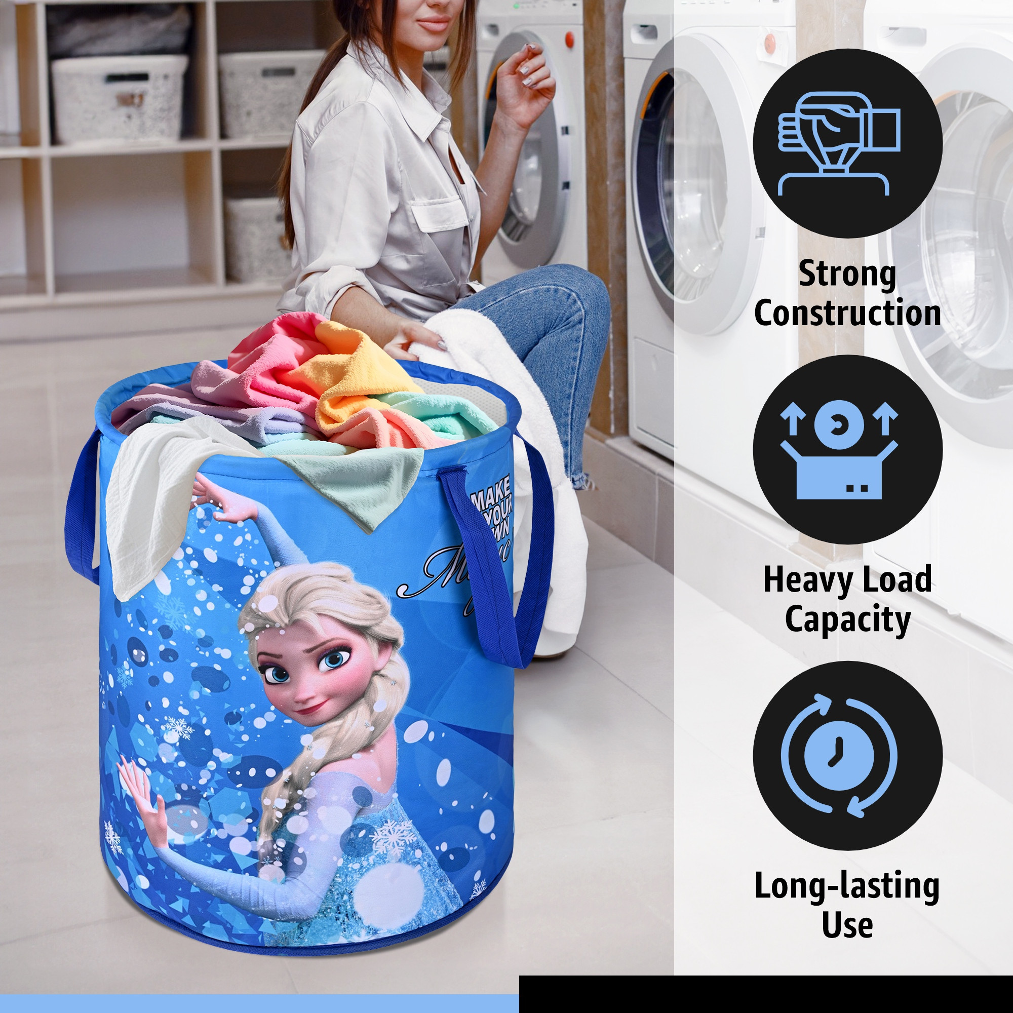 Kuber Industries 45L Foldable Dirty Clothes Laundry Basket With Handles For Washing - Baby Unwashed Dress BinStorage Box  Disney Frozen - Blue