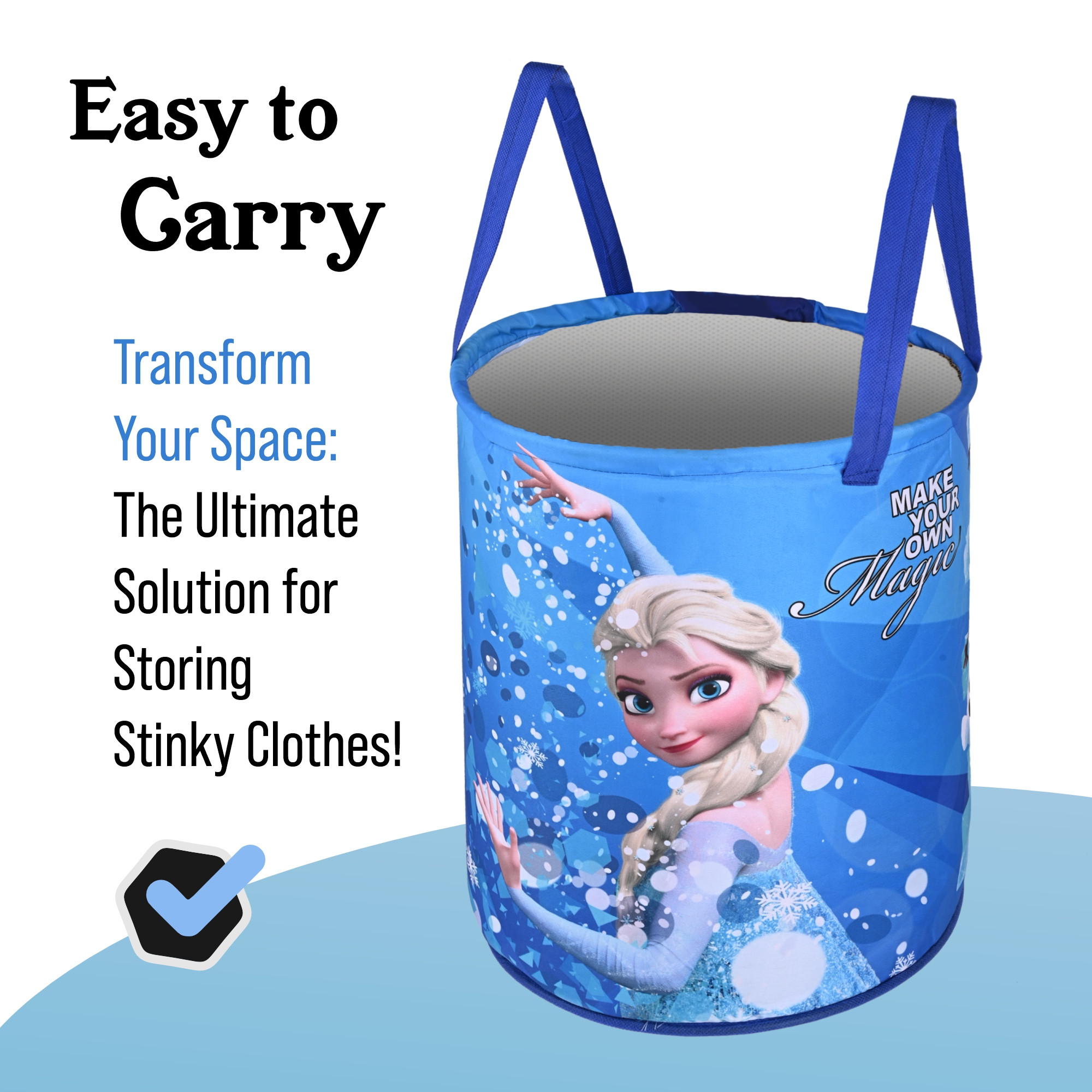 Kuber Industries 45L Foldable Dirty Clothes Laundry Basket With Handles For Washing - Baby Unwashed Dress BinStorage Box  Disney Frozen - Blue