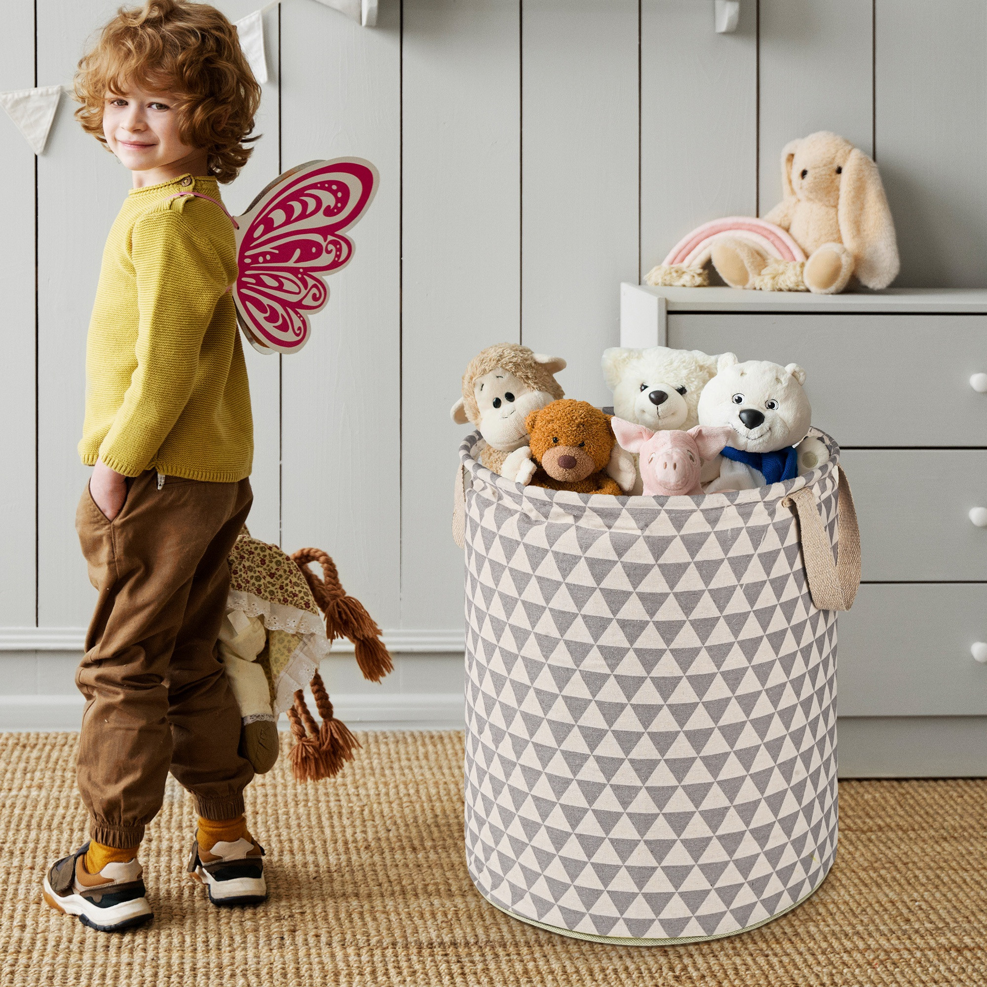 Kuber Industries 45L Foldable Dirty Clothes Laundry Basket With Handles For Washing - Baby Unwashed Dress BinStorage Box  Triangle Pattern - Grey