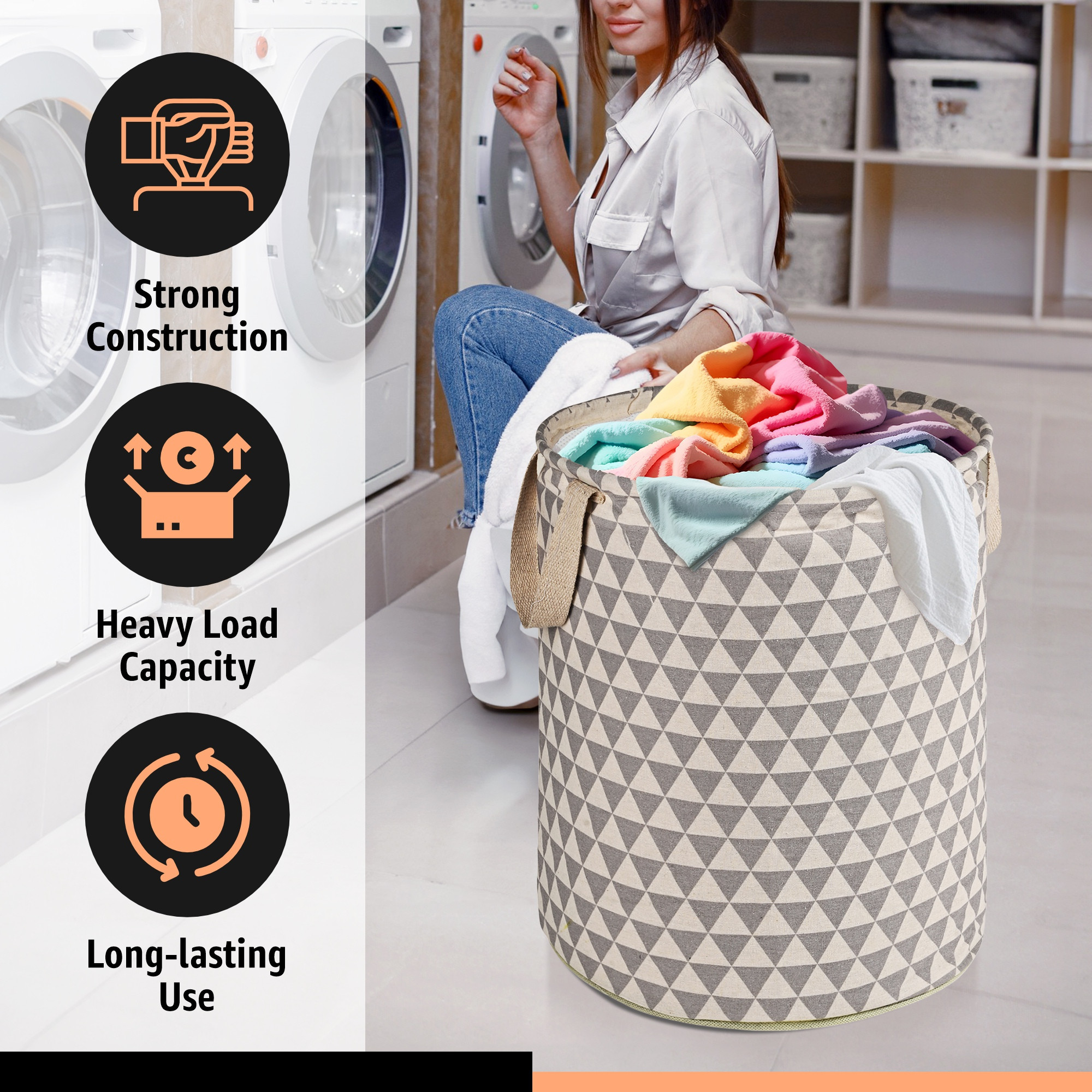 Kuber Industries 45L Foldable Dirty Clothes Laundry Basket With Handles For Washing - Baby Unwashed Dress BinStorage Box  Triangle Pattern - Grey