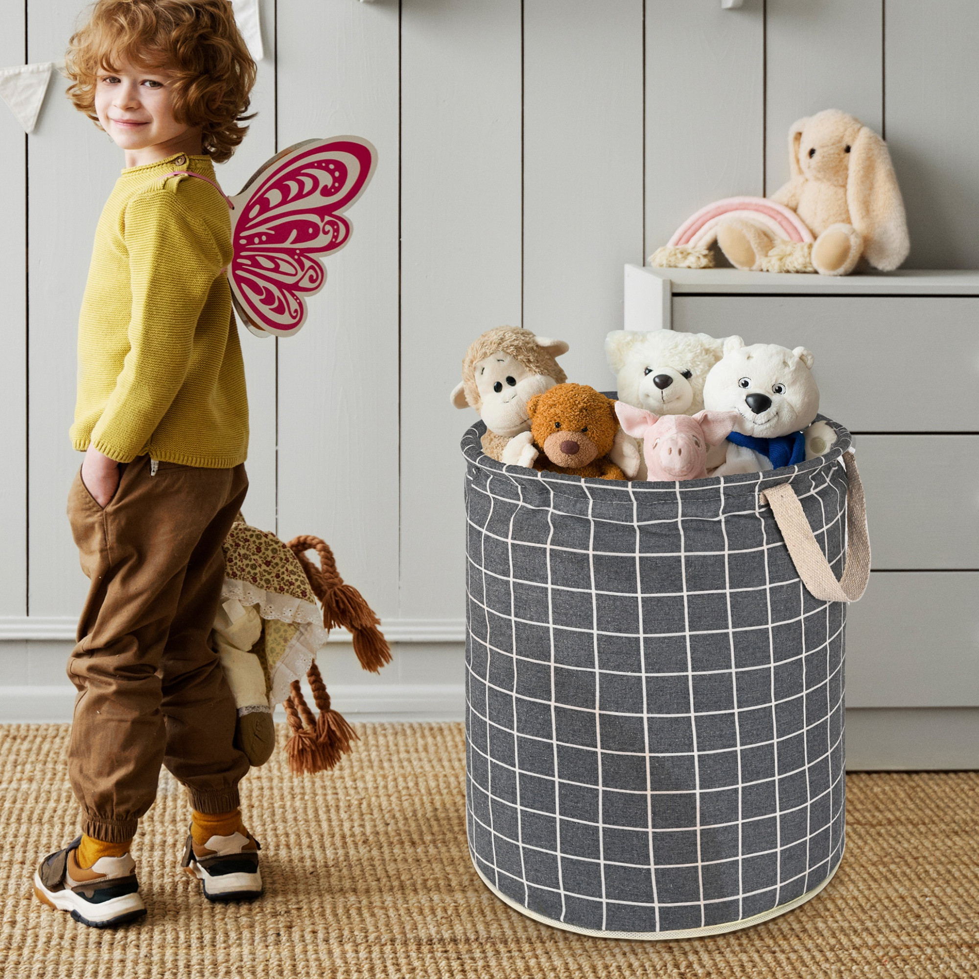 Kuber Industries 45L Foldable Dirty Clothes Laundry Basket With Handles For Washing - Baby Unwashed Dress BinStorage Box  Checkered - Dark Grey