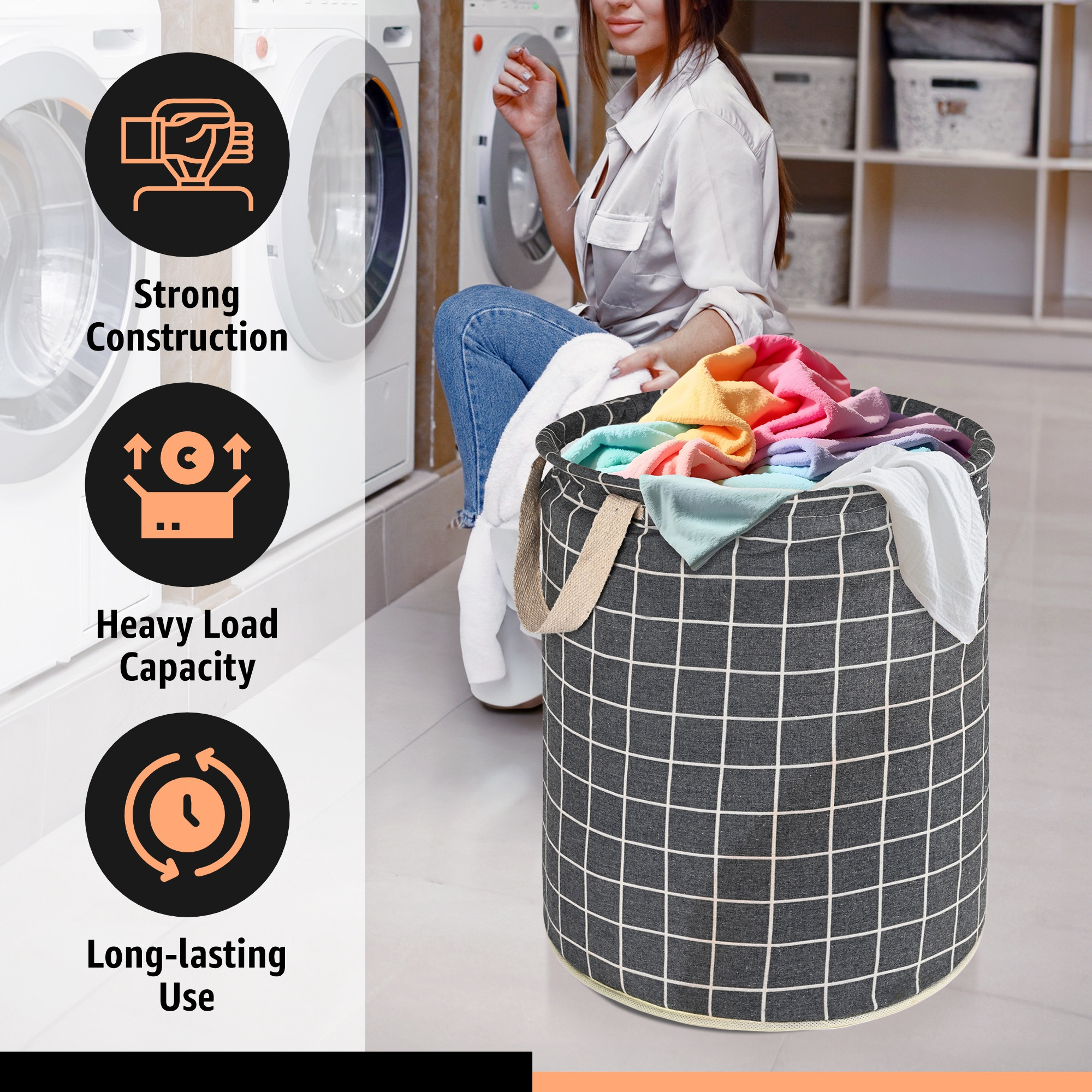 Kuber Industries 45L Foldable Dirty Clothes Laundry Basket With Handles For Washing - Baby Unwashed Dress BinStorage Box  Checkered - Dark Grey