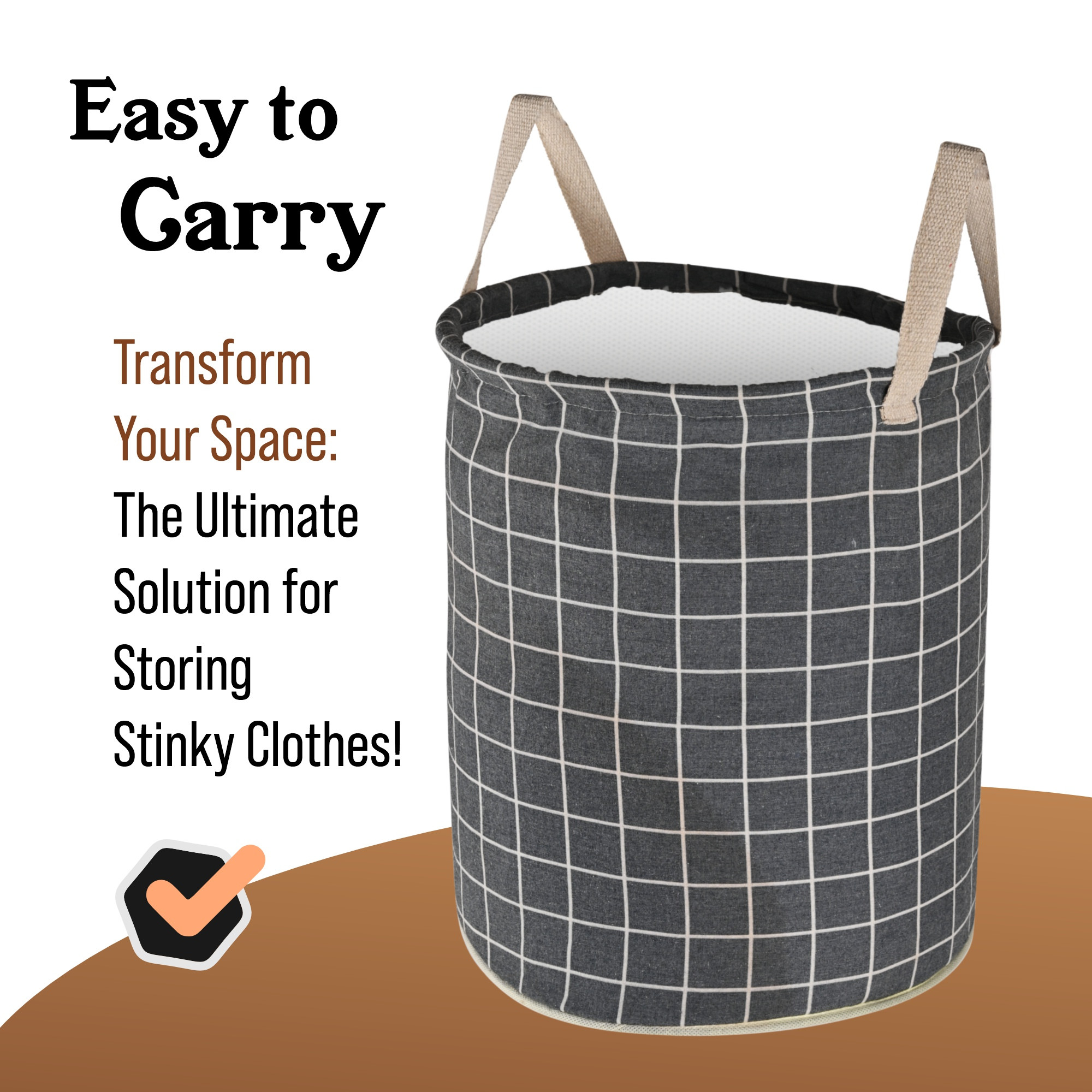 Kuber Industries 45L Foldable Dirty Clothes Laundry Basket With Handles For Washing - Baby Unwashed Dress BinStorage Box  Checkered - Dark Grey