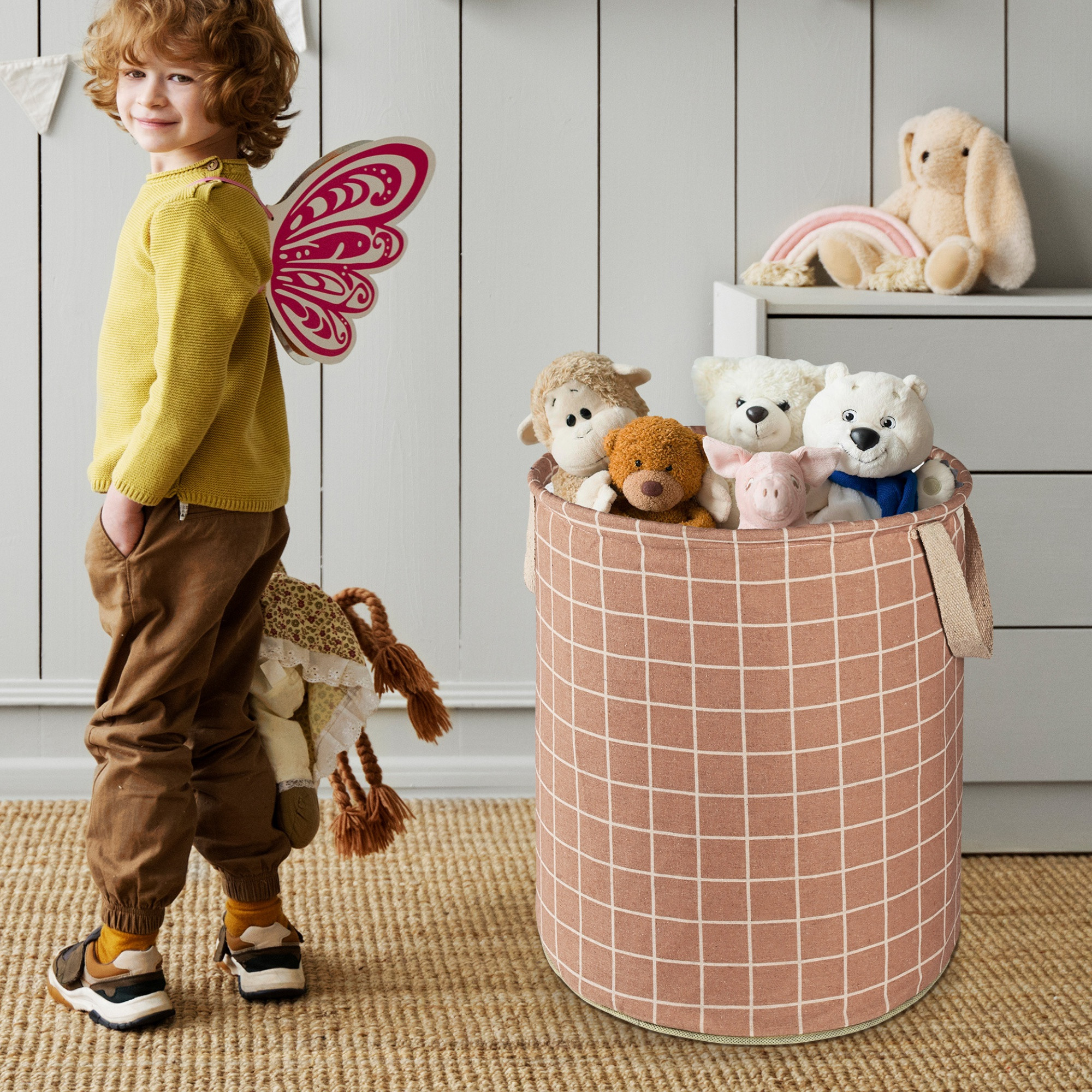 Kuber Industries 45L Foldable Dirty Clothes Laundry Basket With Handles For Washing - Baby Unwashed Dress BinStorage Box  Checkered -Light Brown