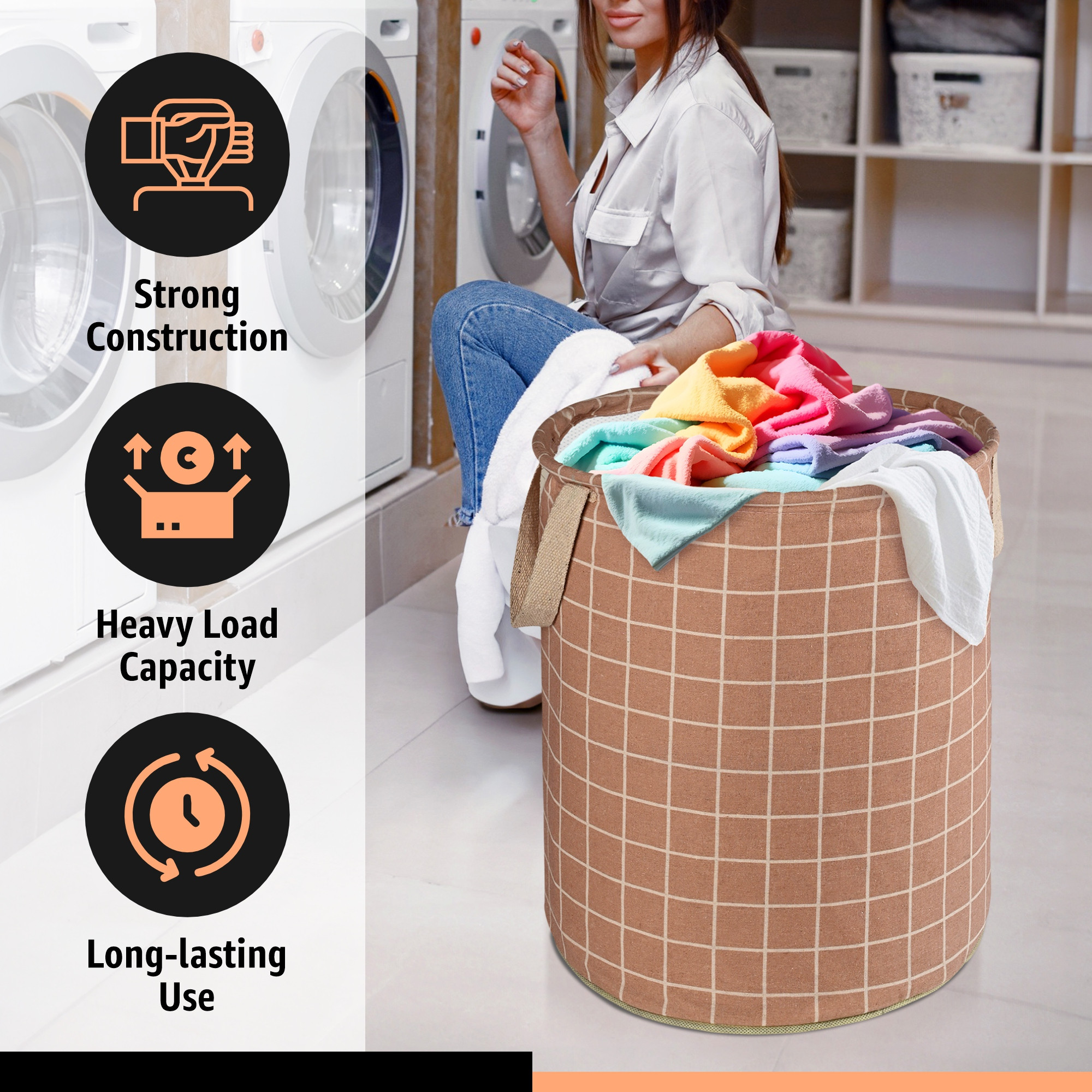 Kuber Industries 45L Foldable Dirty Clothes Laundry Basket With Handles For Washing - Baby Unwashed Dress BinStorage Box  Checkered -Light Brown