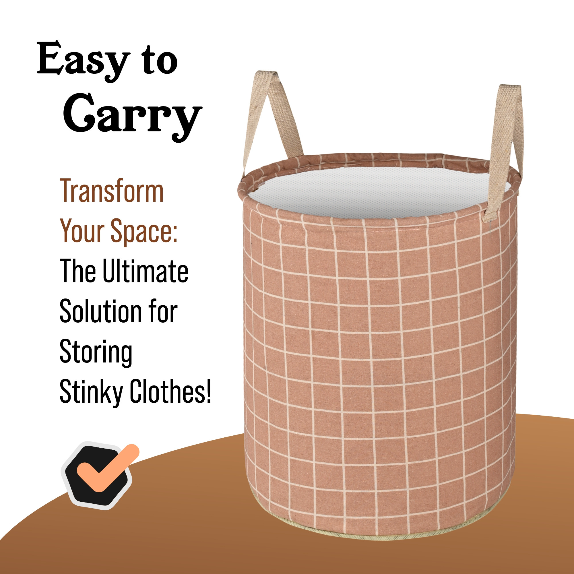 Kuber Industries 45L Foldable Dirty Clothes Laundry Basket With Handles For Washing - Baby Unwashed Dress BinStorage Box  Checkered -Light Brown