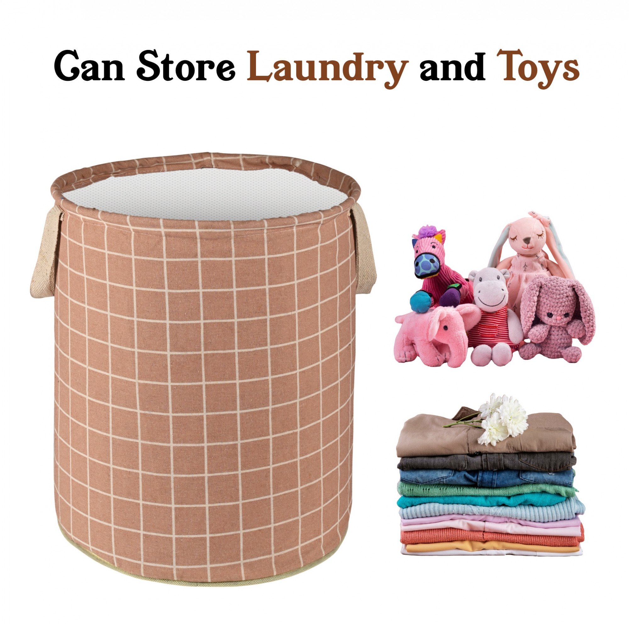 Kuber Industries 45L Foldable Dirty Clothes Laundry Basket With Handles For Washing - Baby Unwashed Dress BinStorage Box  Checkered -Light Brown