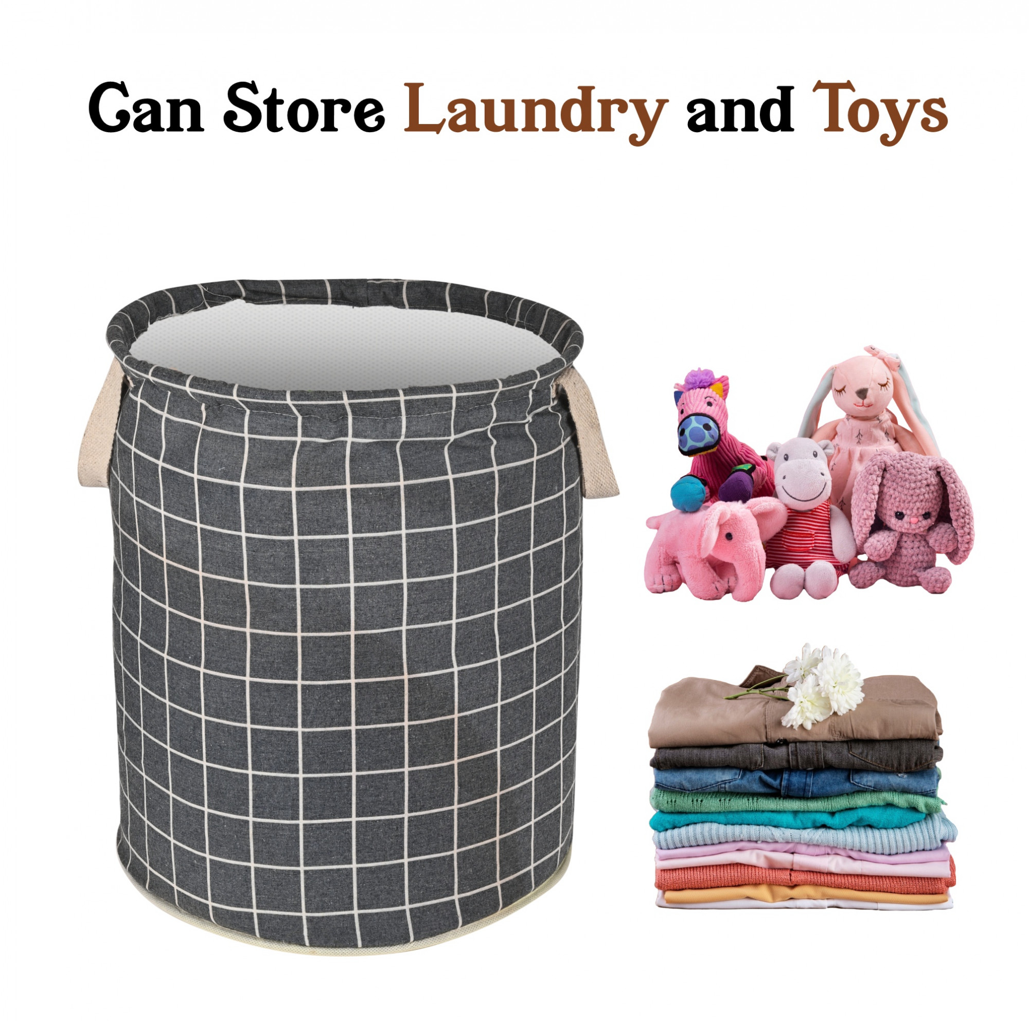 Kuber Industries 45L Foldable Dirty Clothes Laundry Basket With Handles For Washing - Baby Unwashed Dress BinStorage Box  Checkered - Dark Grey