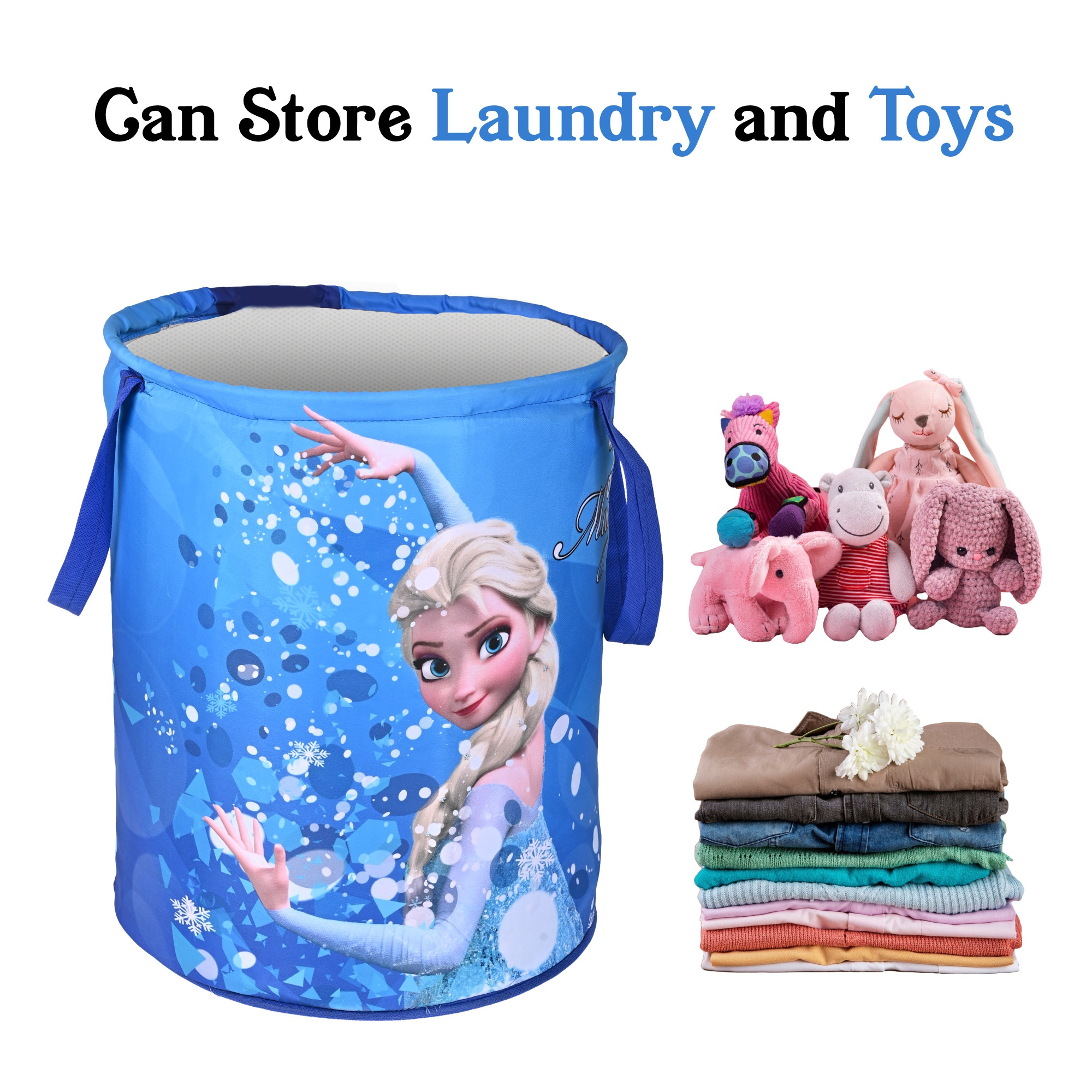Kuber Industries 45L Foldable Dirty Clothes Laundry Basket With Handles For Washing - Baby Unwashed Dress BinStorage Box  Disney Frozen - Blue