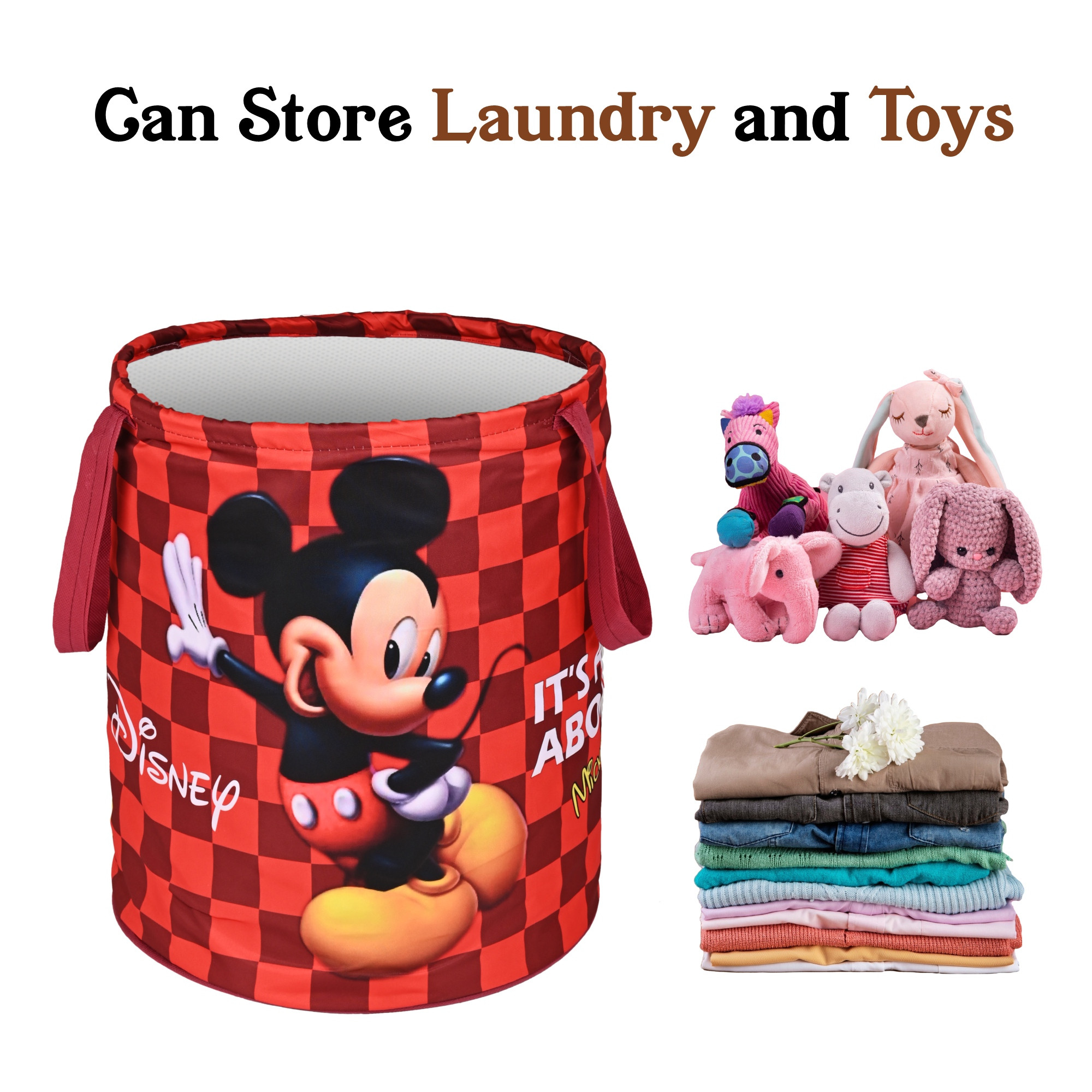 Kuber Industries 45L Foldable Dirty Clothes Laundry Basket With Handles For Washing - Baby Unwashed Dress BinStorage Box  Disney Mickey - Maroon