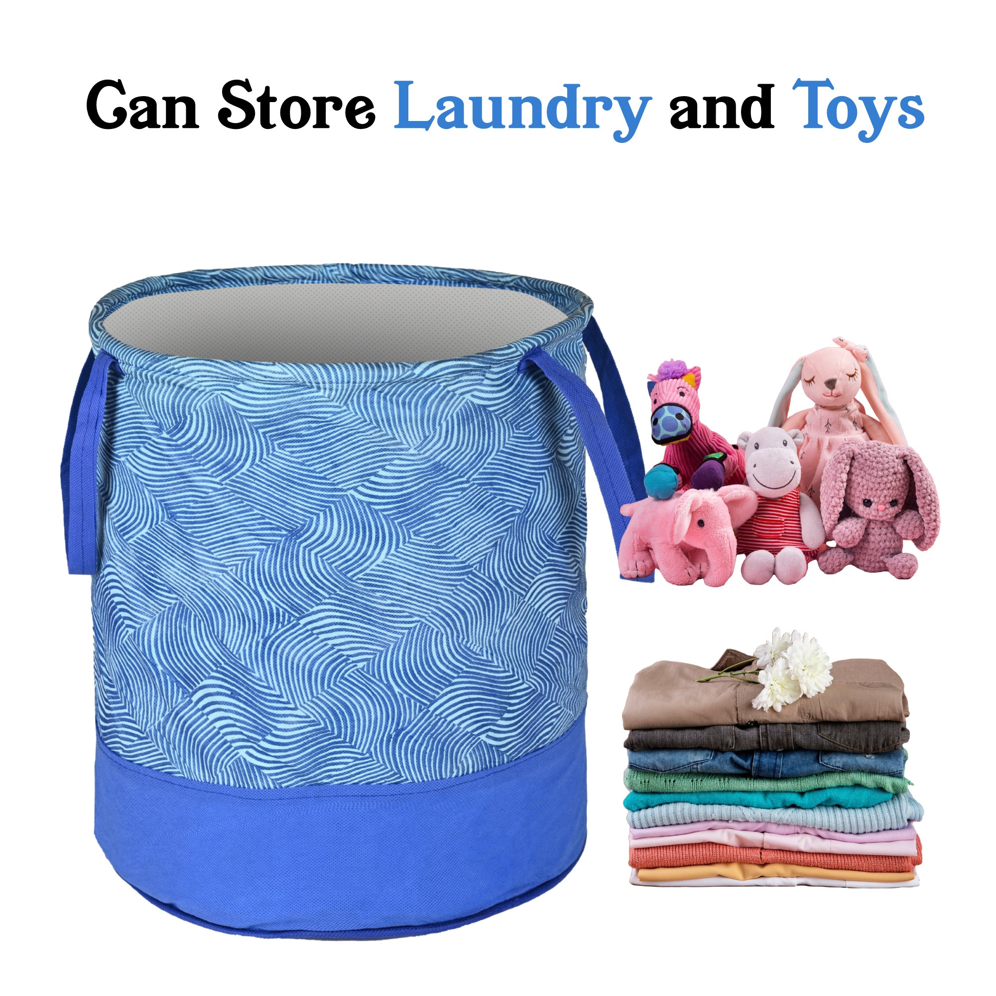 Kuber Industries 45L Foldable Dirty Clothes Laundry Basket With Handles For Washing - Baby Unwashed Dress BinStorage Box  Wavy Pattern - Blue