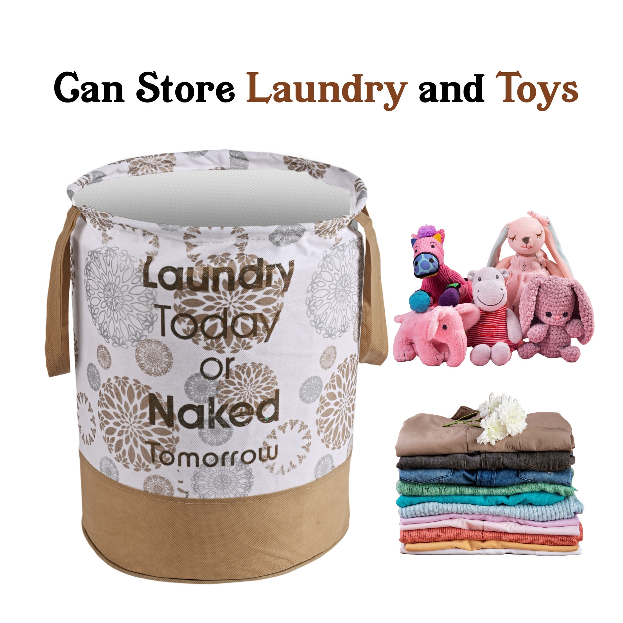 Kuber Industries 45L Foldable Dirty Clothes Laundry Basket With Handles For Washing - Baby Unwashed Dress BinStorage Box  Floral Print -White  Gold