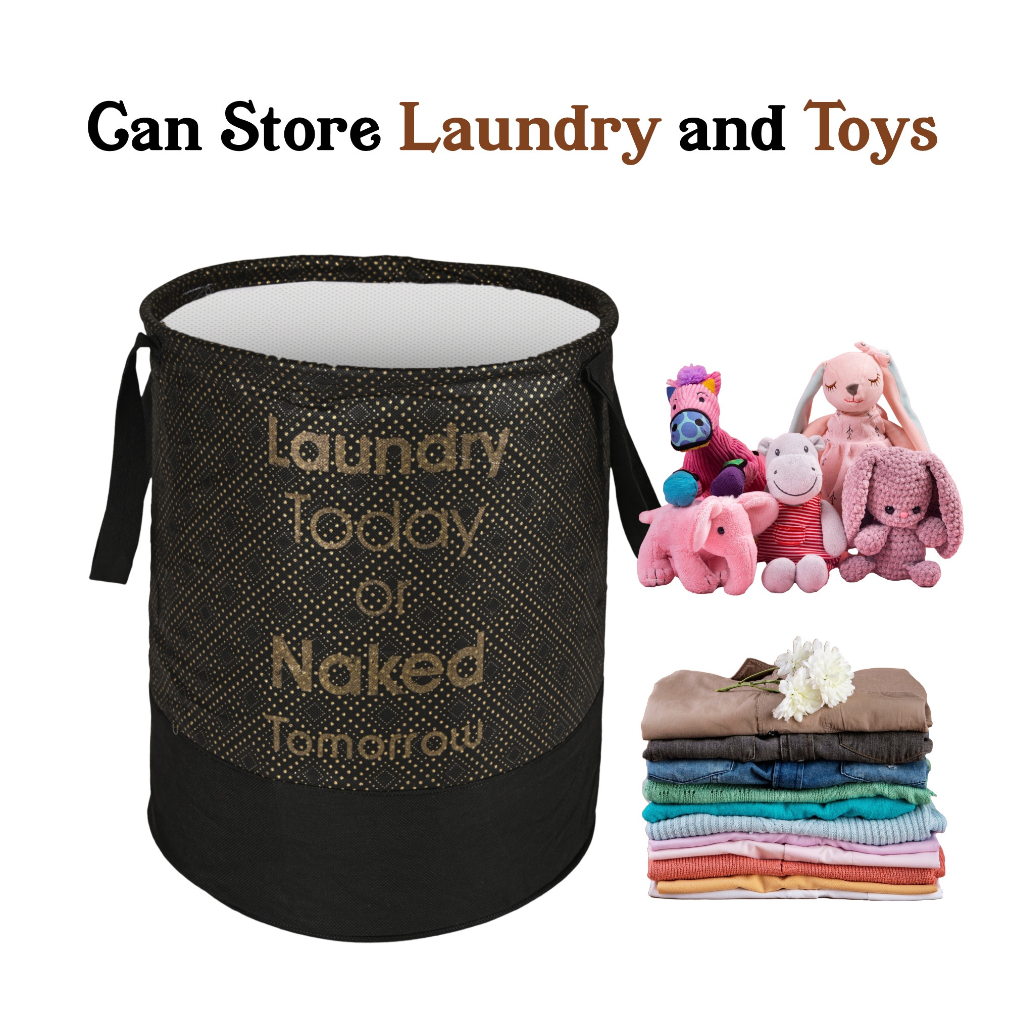 Kuber Industries 45L Foldable Dirty Clothes Laundry Basket With Handles For Washing - Baby Unwashed Dress BinStorage Box  Dots - Black  Gold