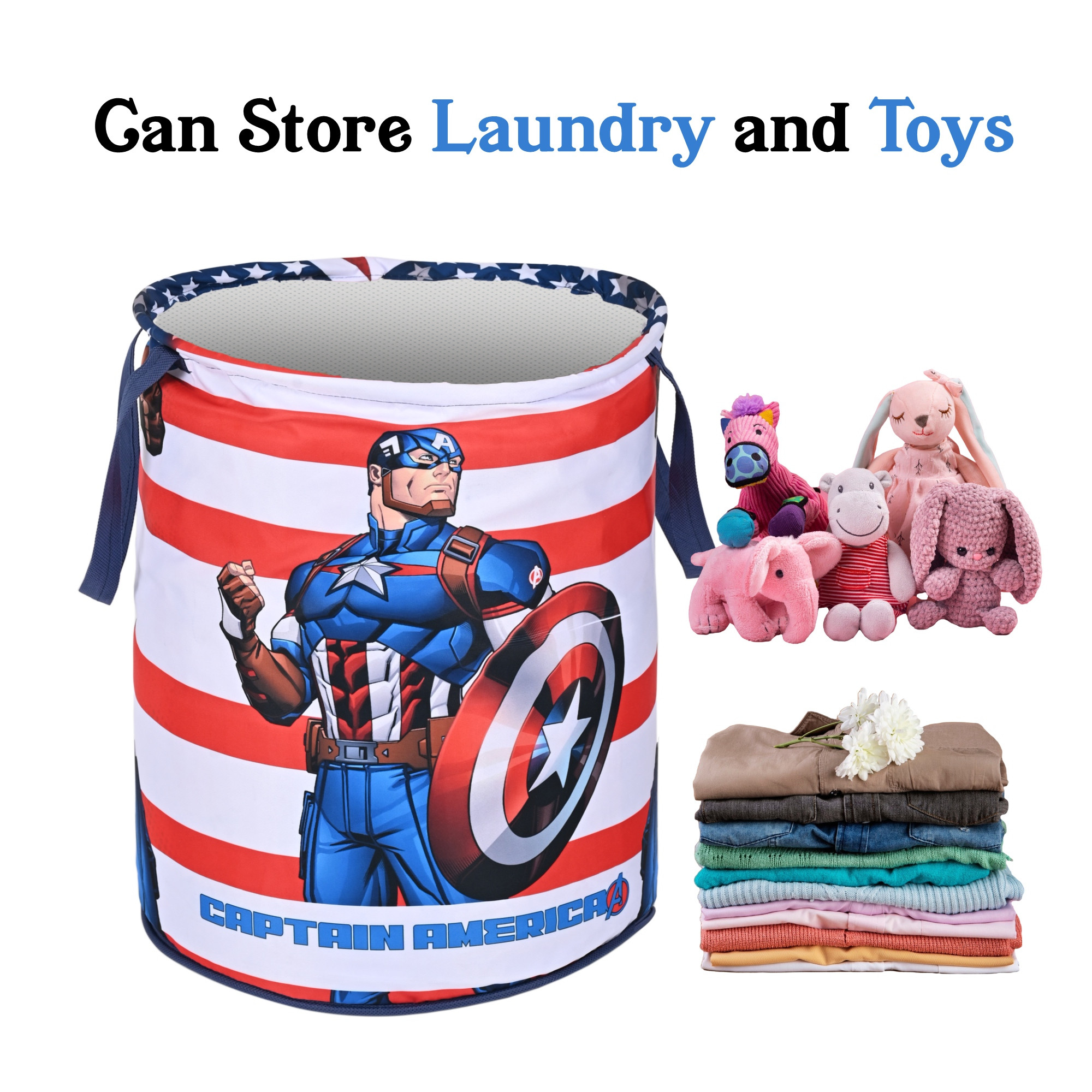 Kuber Industries 45L Foldable Dirty Clothes Laundry Basket With Handles For Washing - Baby Unwashed Dress Storage Box  Marvel Captain America - Blue