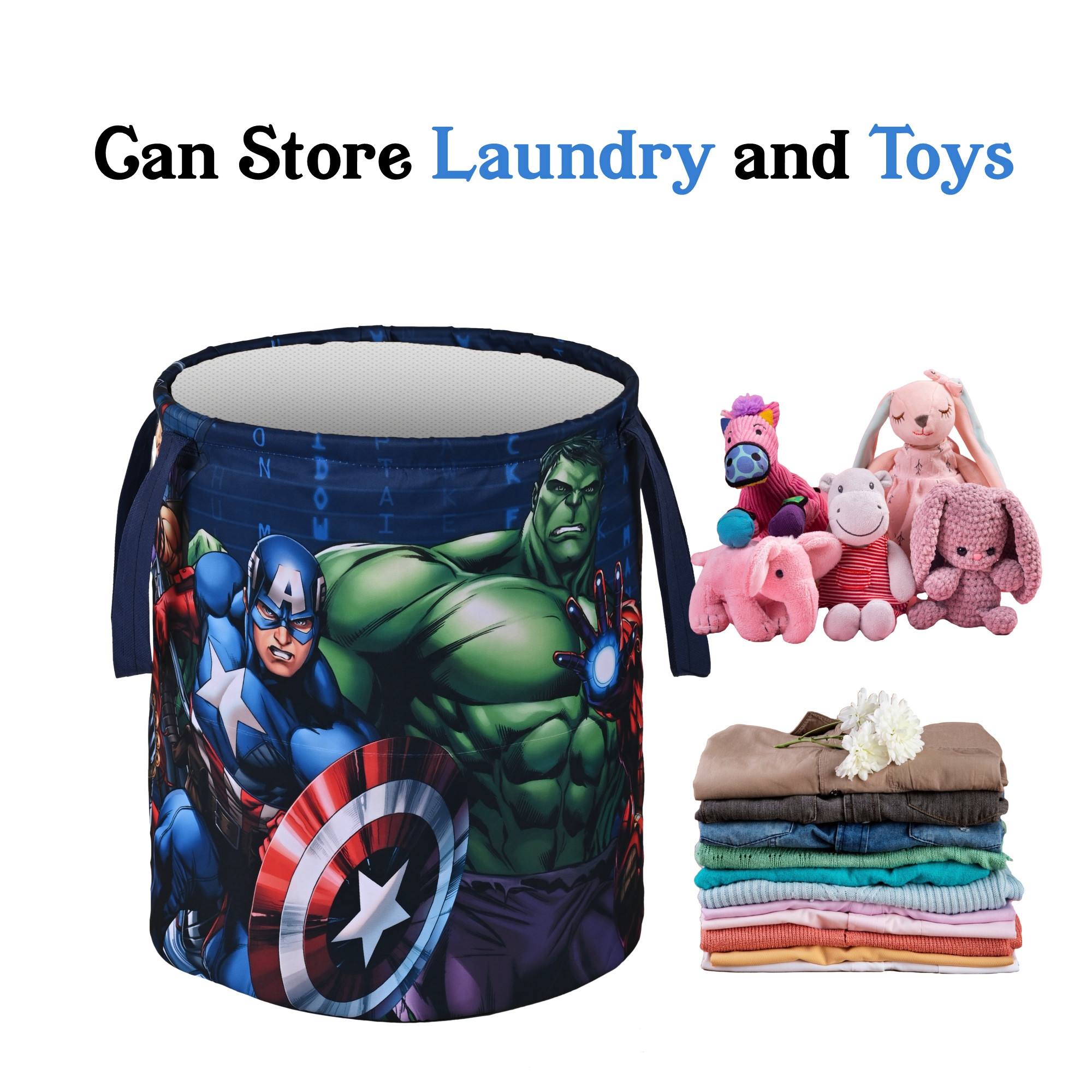 Kuber Industries 45L Foldable Dirty Clothes Laundry Basket With Handles For Washing - Baby Unwashed Dress BinStorage Box  Marvel Avengers - Blue