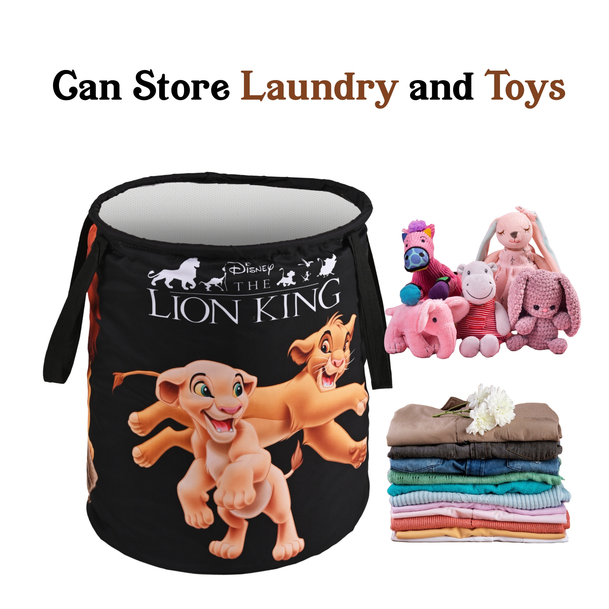 Kuber Industries 45L Foldable Dirty Clothes Laundry Basket With Handles For Washing - Baby Unwashed Dress BinStorage Box  Disney Lion King - Black