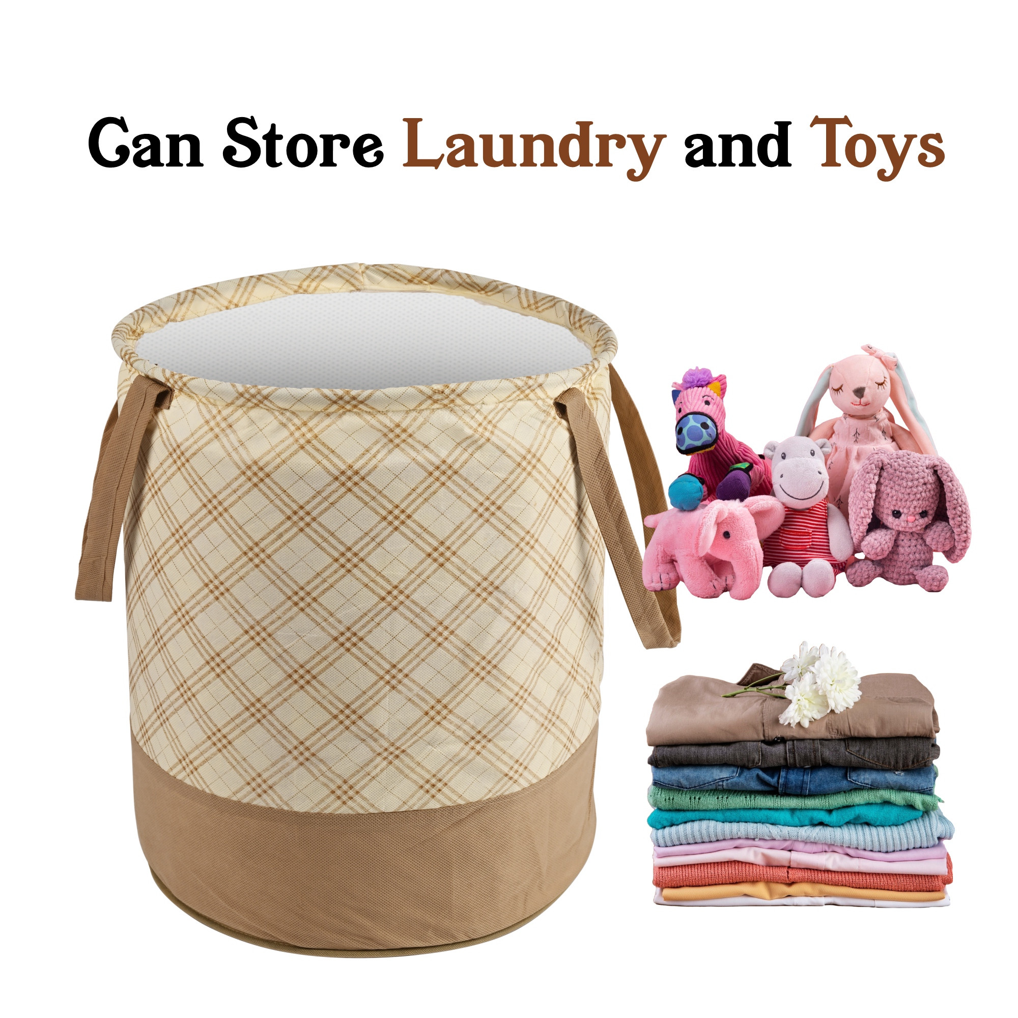 Kuber Industries 45L Foldable Dirty Clothes Laundry Basket With Handles For Washing - Baby Unwashed Dress BinStorage Box  Checkered - Cream