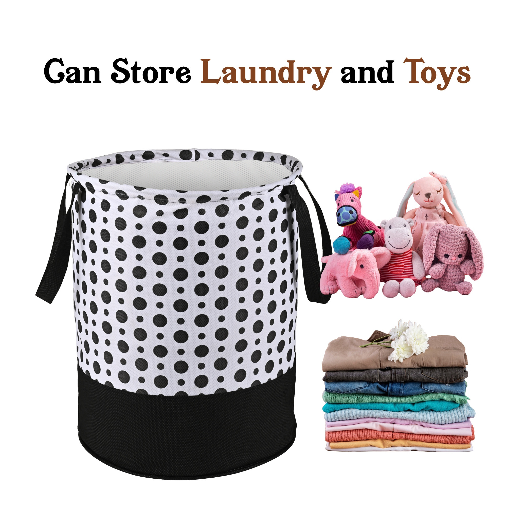 Kuber Industries 45L Foldable Dirty Clothes Laundry Basket With Handles For Washing - Baby Unwashed Dress BinStorage Box  Polka Dots -Black  White