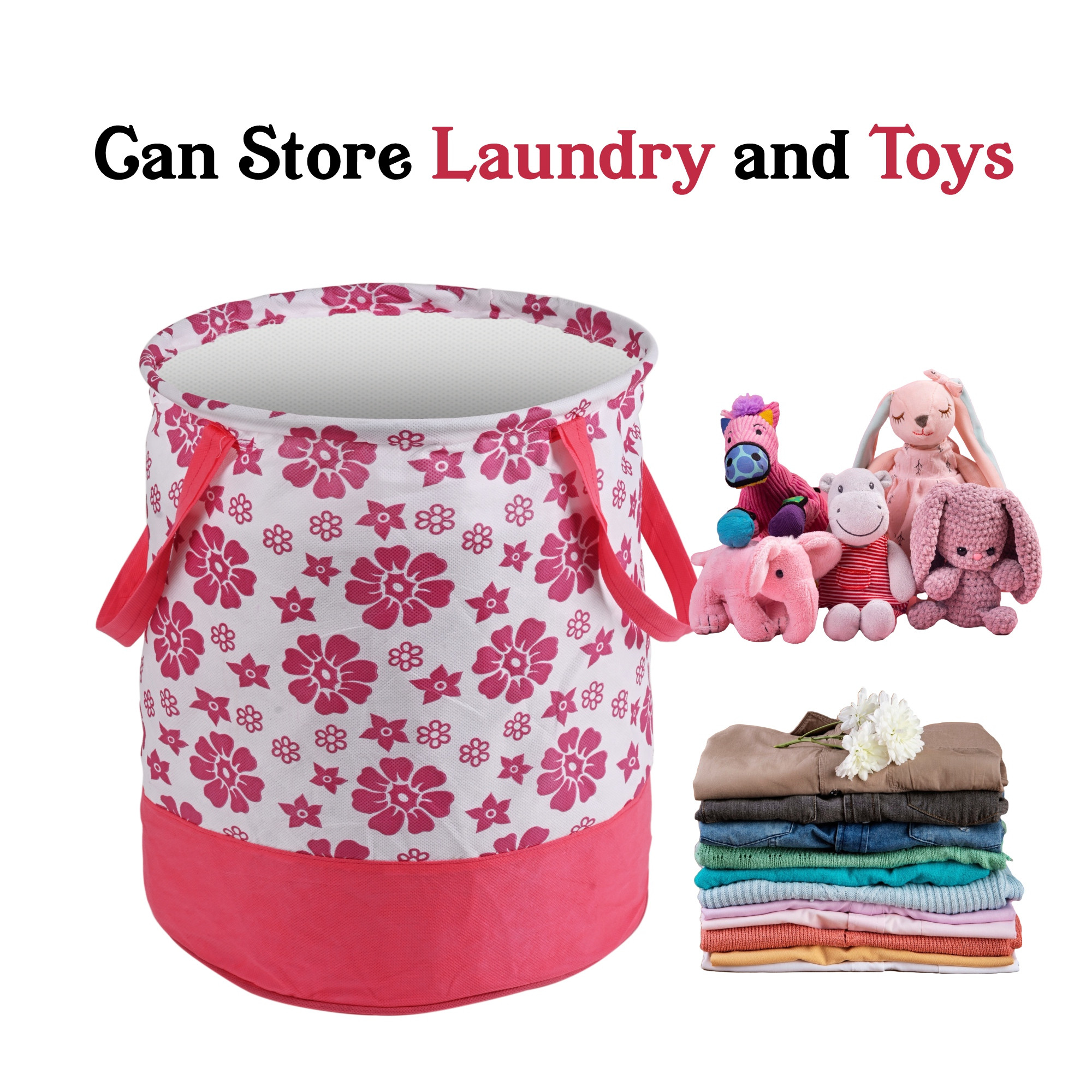 Kuber Industries 45L Foldable Dirty Clothes Laundry Basket With Handles For Washing - Baby Unwashed Dress BinStorage Box  Floral Print -Pink  White