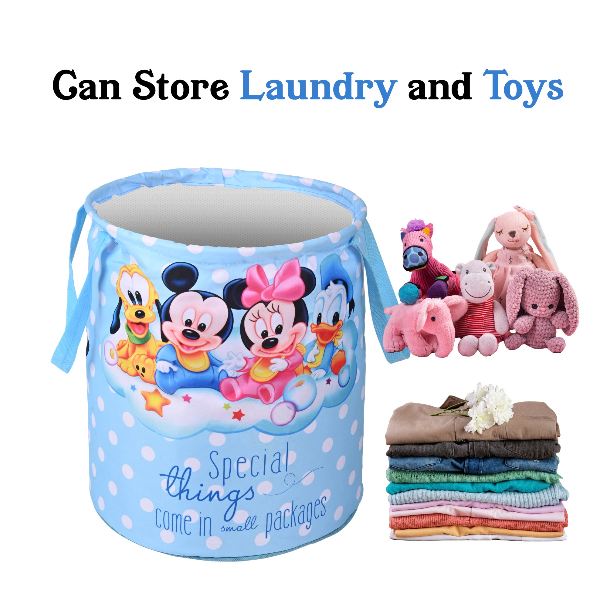 Kuber Industries 45L Foldable Dirty Clothes Laundry Basket With Handles For Washing - Baby Unwashed Dress BinStorage Box  Disney Kids - Sky Blue