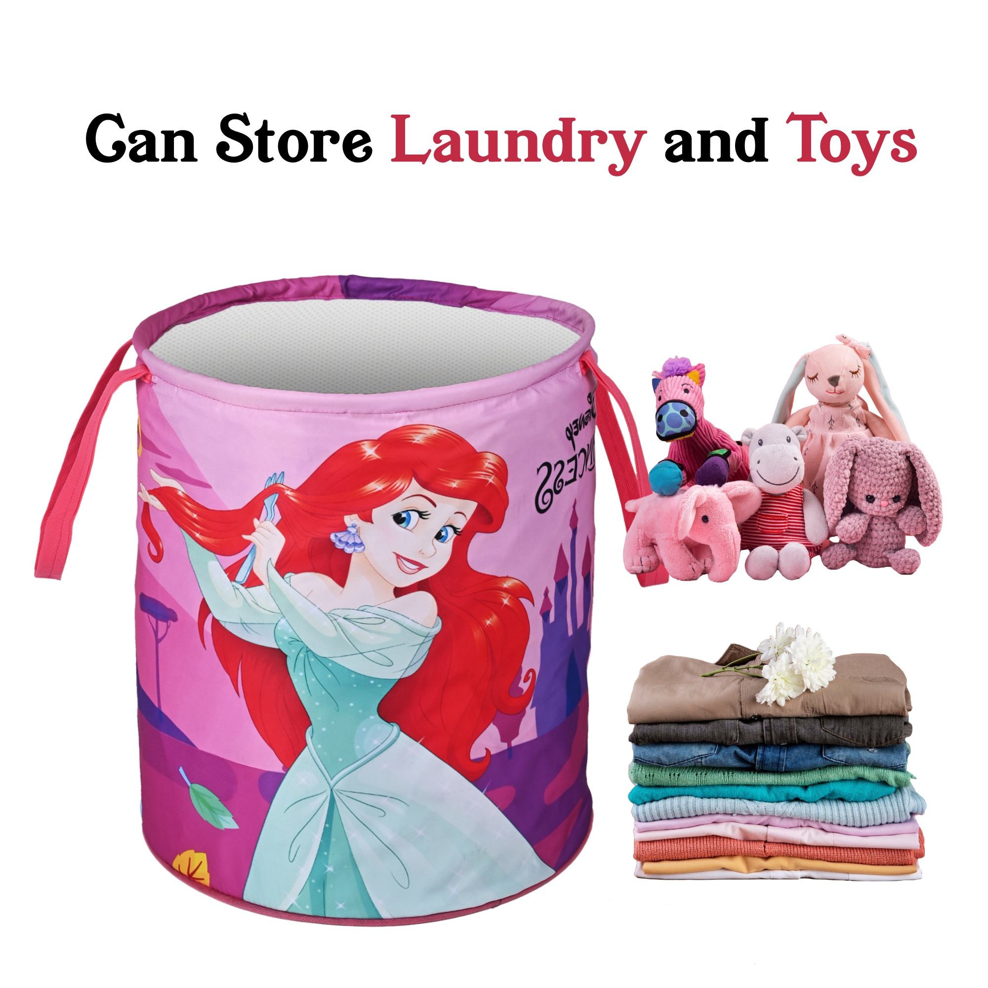 Kuber Industries 45L Foldable Dirty Clothes Laundry Basket With Handles For Washing - Baby Unwashed Dress BinStorage Box  Disney Princess - Pink