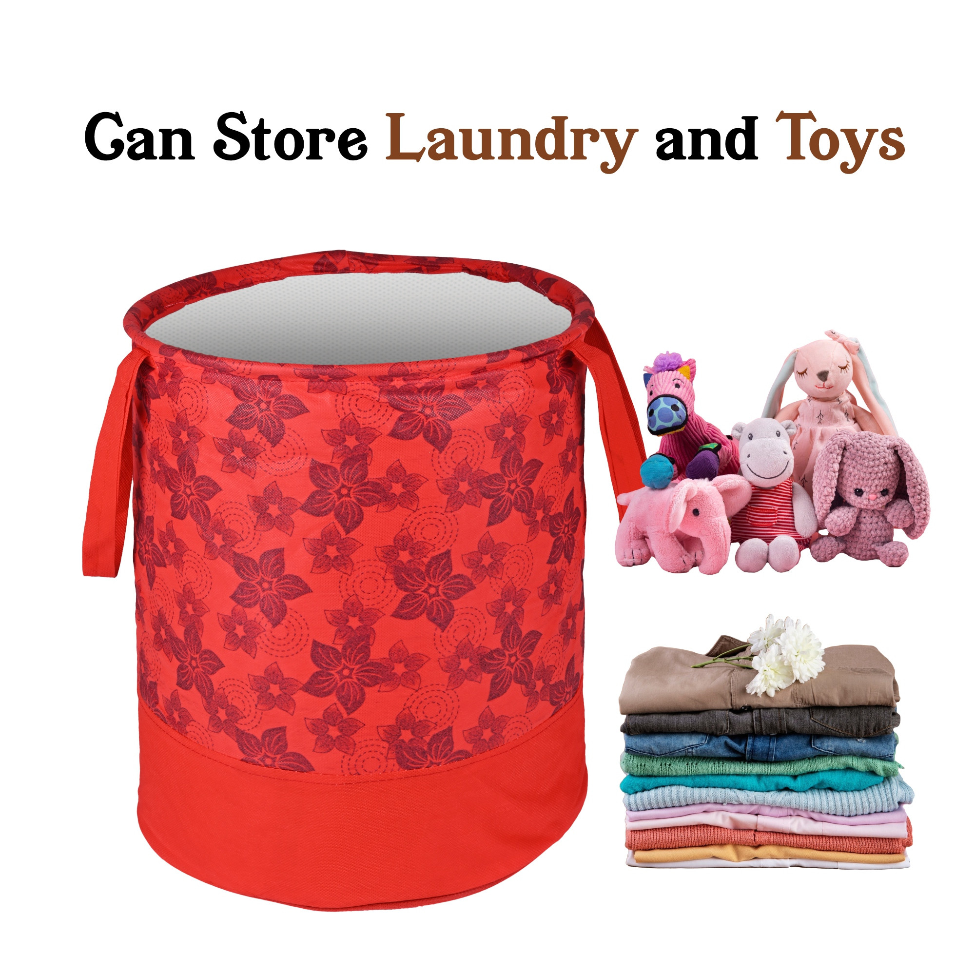 Kuber Industries 45L Foldable Dirty Clothes Laundry Basket With Handles For Washing - Baby Unwashed Dress BinStorage Box  Flower Print - Red