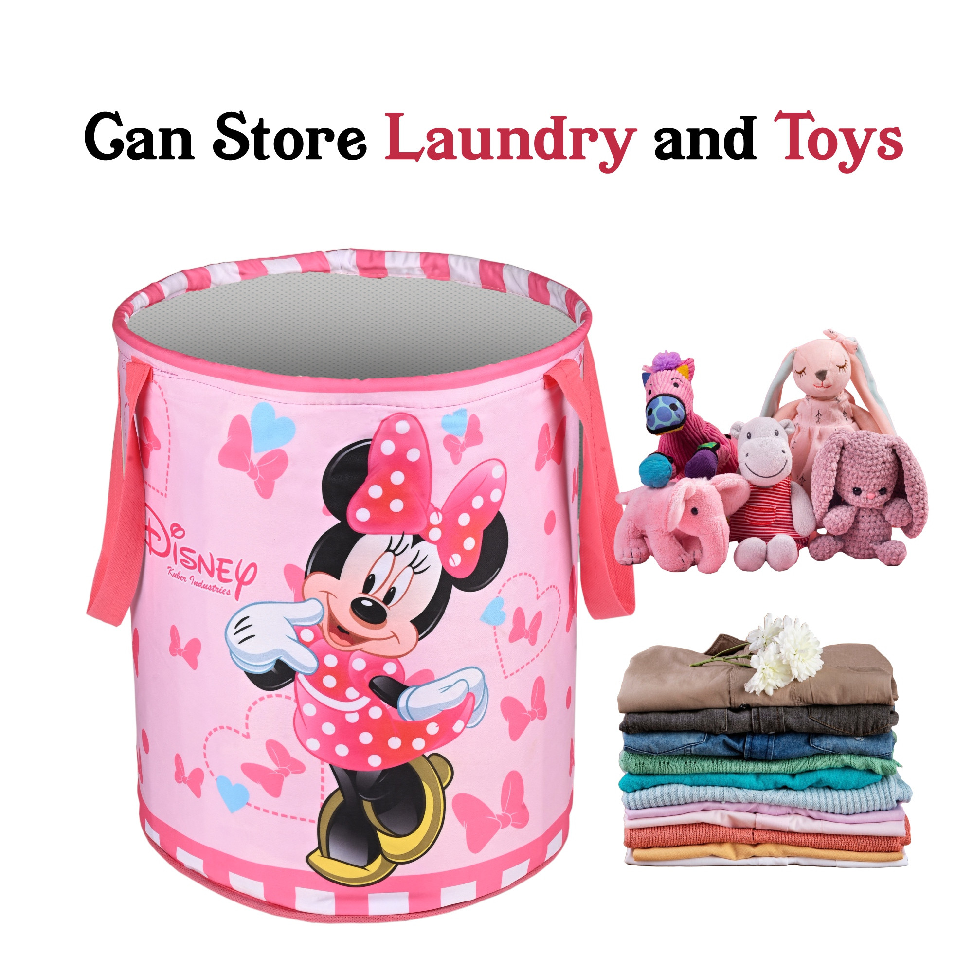 Kuber Industries 45L Foldable Dirty Clothes Laundry Basket With Handles For Washing - Baby Unwashed Dress BinStorage Box  Disney Minnie - Pink