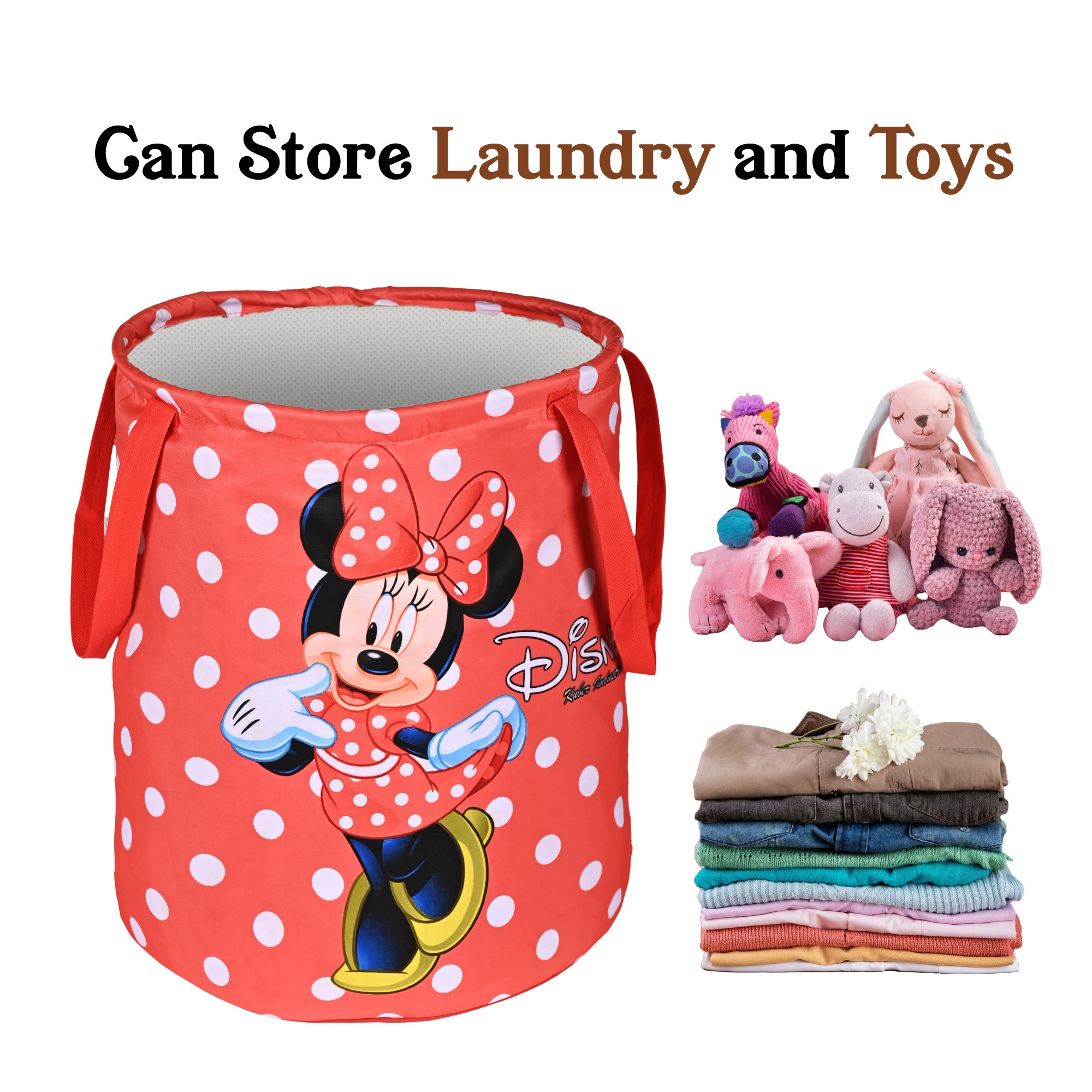 Kuber Industries 45L Foldable Dirty Clothes Laundry Basket With Handles For Washing - Baby Unwashed Dress BinStorage Box  Disney Minnie Dots - Red