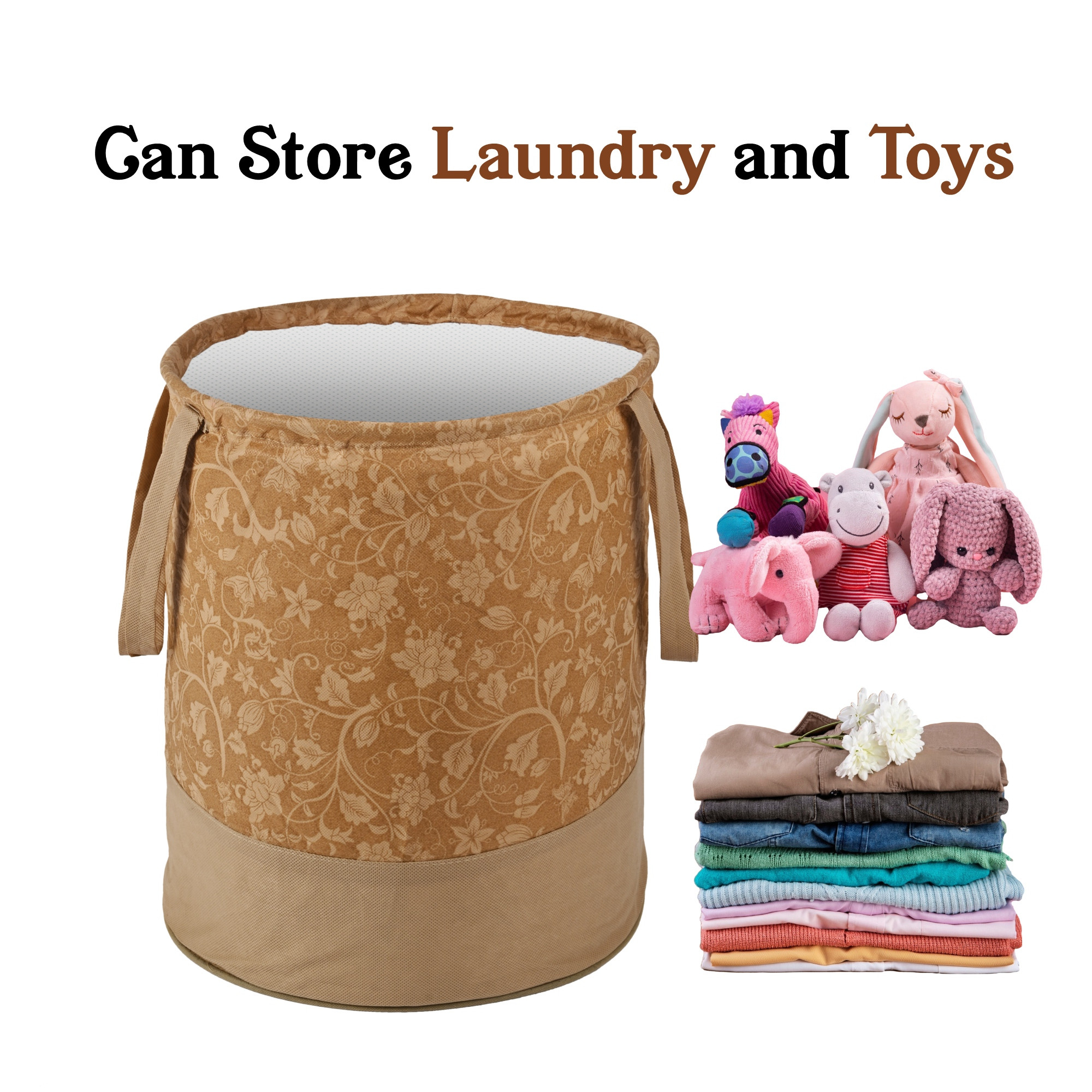 Kuber Industries 45L Foldable Dirty Clothes Laundry Basket With Handles For Washing - Baby Unwashed Dress BinStorage Box  Flower Print - Brown
