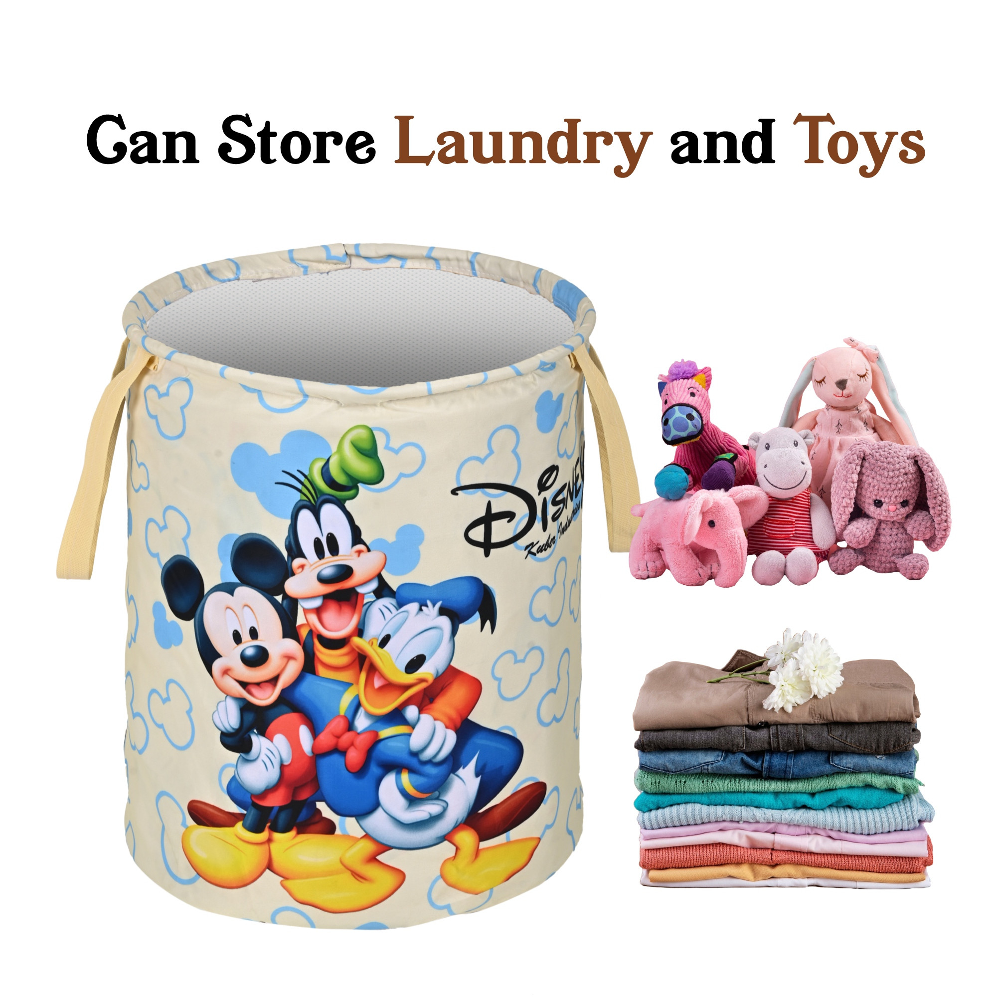 Kuber Industries 45L Foldable Dirty Clothes Laundry Basket With Handles For Washing - Baby Unwashed Dress BinStorage Box  Disney Print - Cream