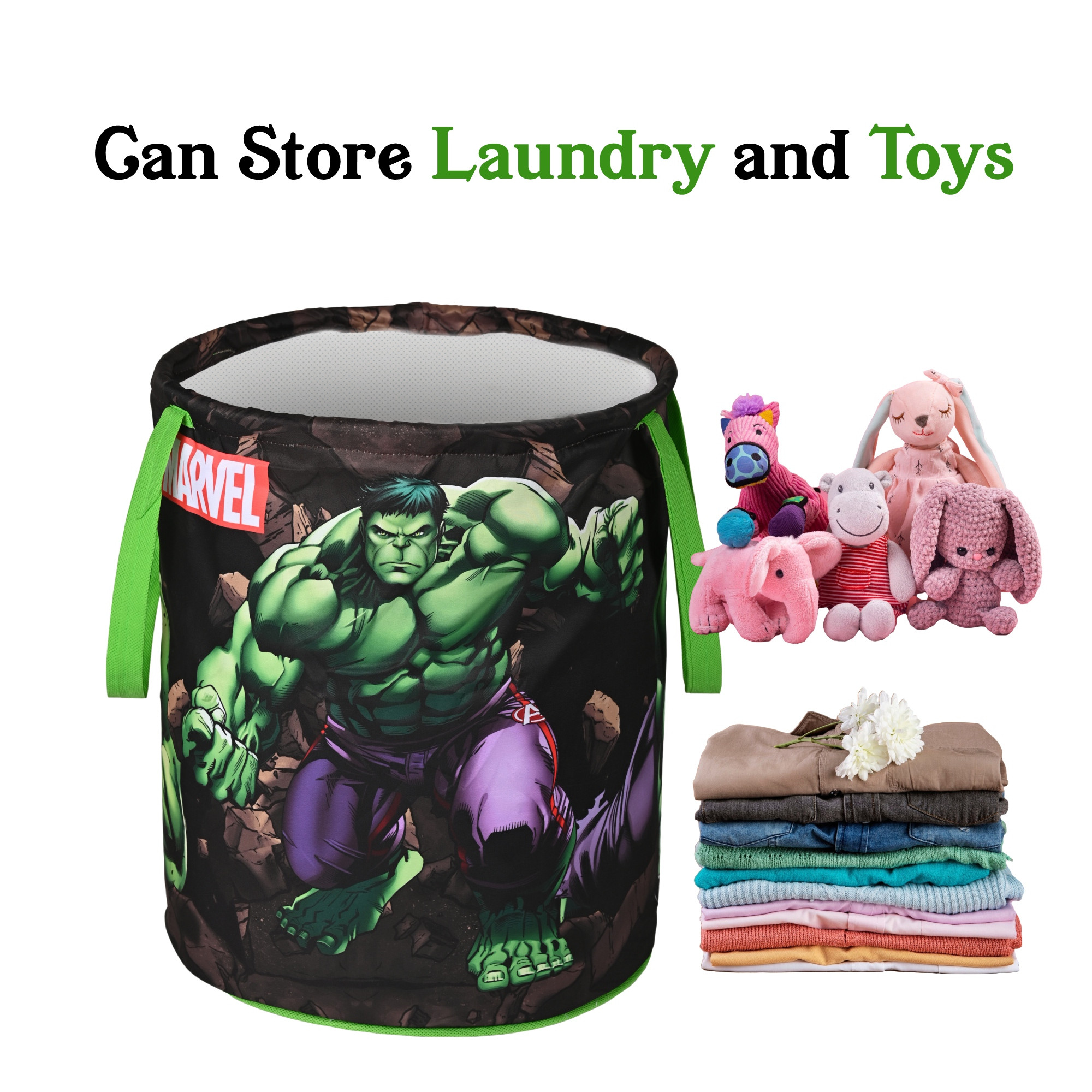Kuber Industries 45L Foldable Dirty Clothes Laundry Basket With Handles For Washing - Baby Unwashed Dress BinStorage Box  Marvel Green Hulk