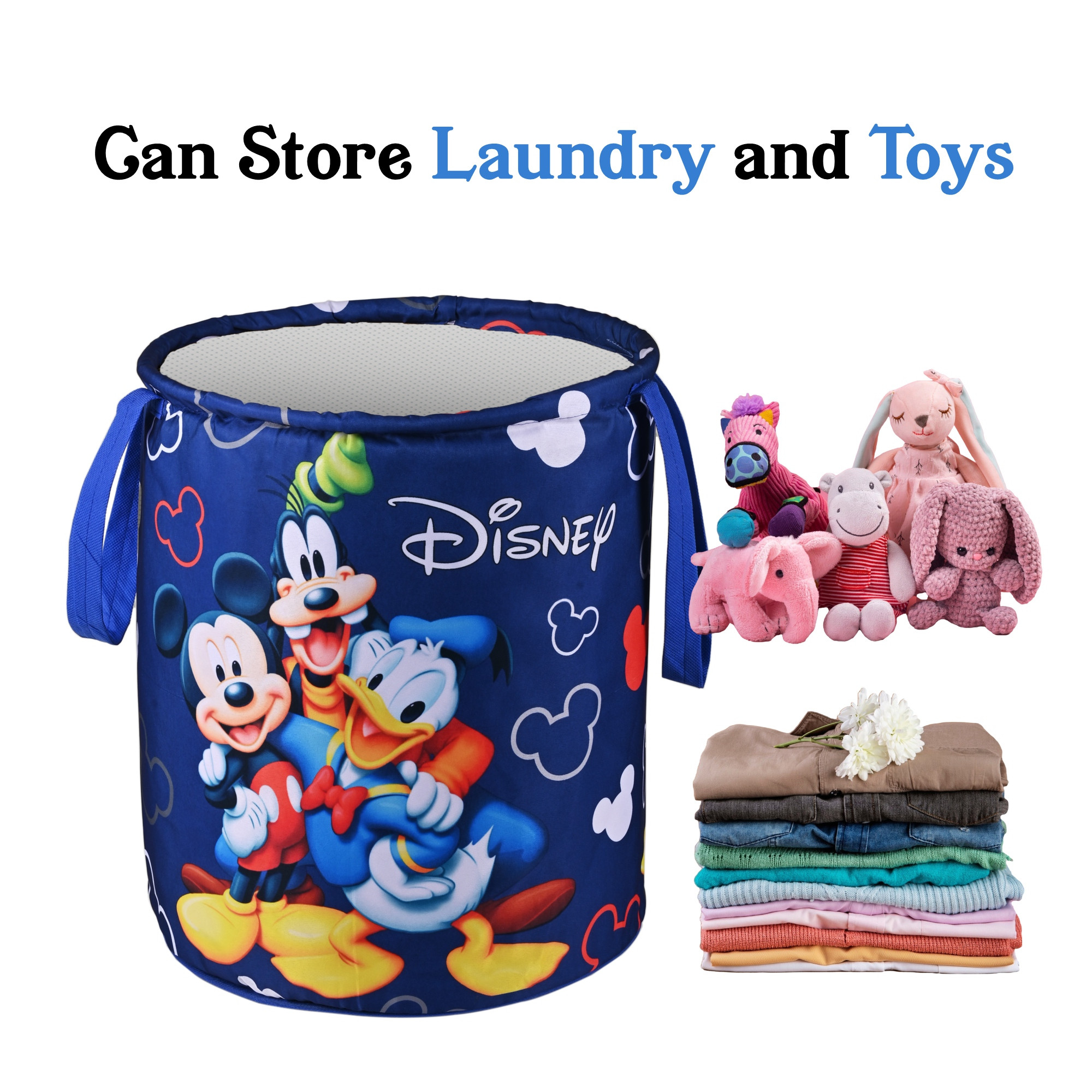 Kuber Industries 45L Foldable Dirty Clothes Laundry Basket With Handles For Washing - Baby Unwashed Dress BinStorage Box  Disney Print - Blue