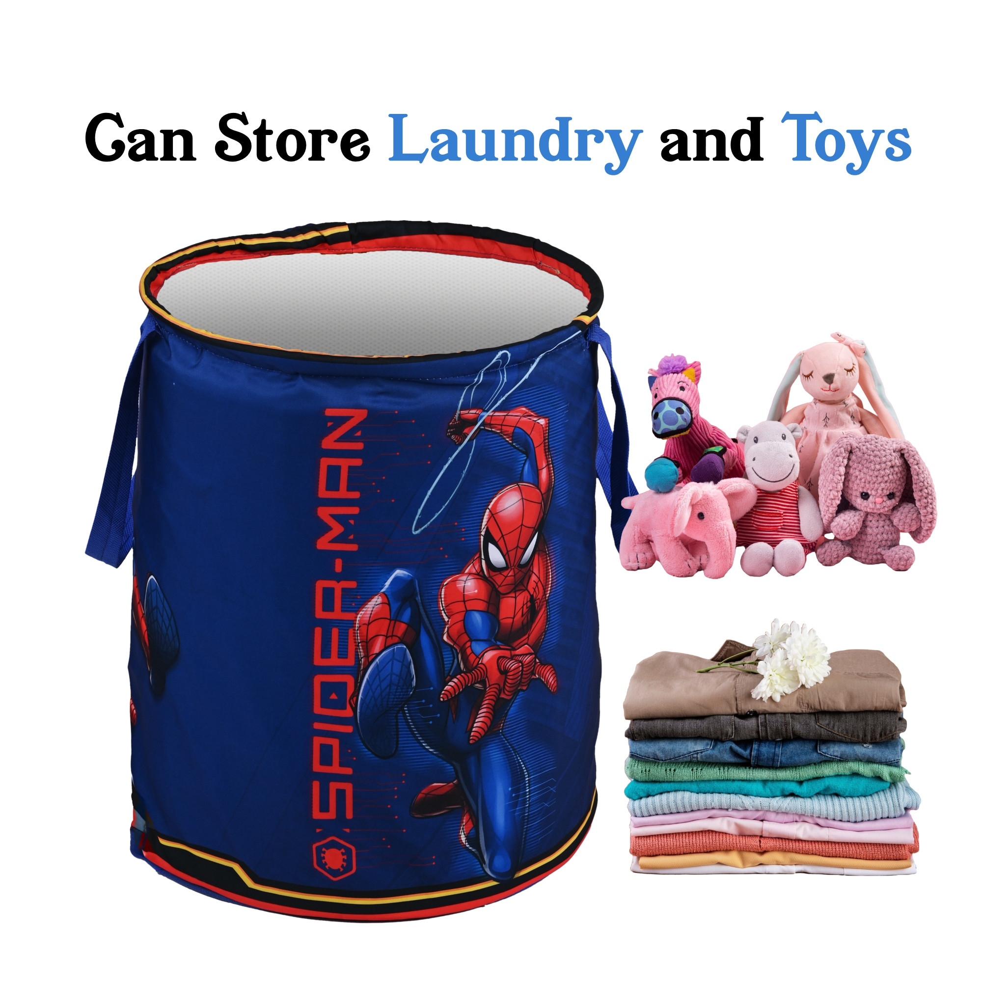 Kuber Industries 45L Foldable Dirty Clothes Laundry Basket With Handles For Washing - Baby Unwashed Dress Storage Box  Marvel Spiderman - Blue  Red