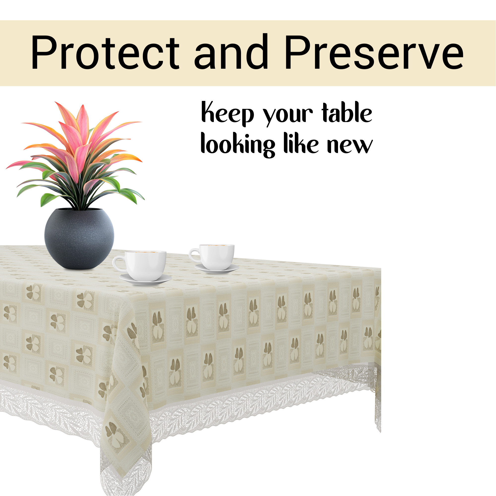Kuber Industries 45x70 Inch PVC Dining Table Cover 6 Seater Waterproof  Spill-Resistant Table Cover Cloth  Table Protector for Dining Room Kitchen  Outdoor  Check Flower CBC - Cream  Brown