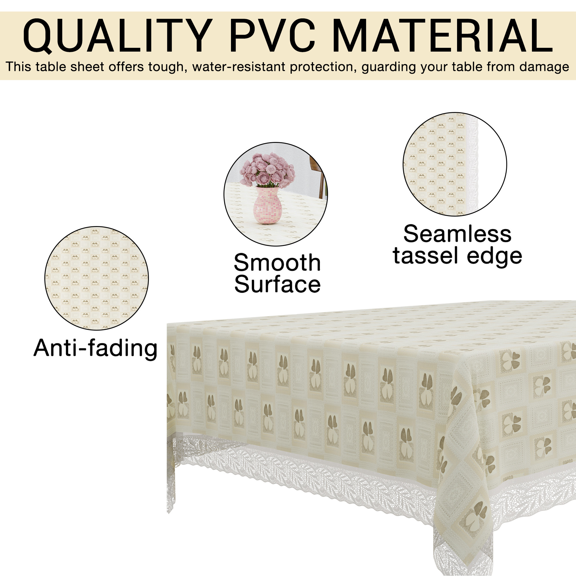 Kuber Industries 45x70 Inch PVC Dining Table Cover 6 Seater Waterproof  Spill-Resistant Table Cover Cloth  Table Protector for Dining Room Kitchen  Outdoor  Check Flower CBC - Cream  Brown