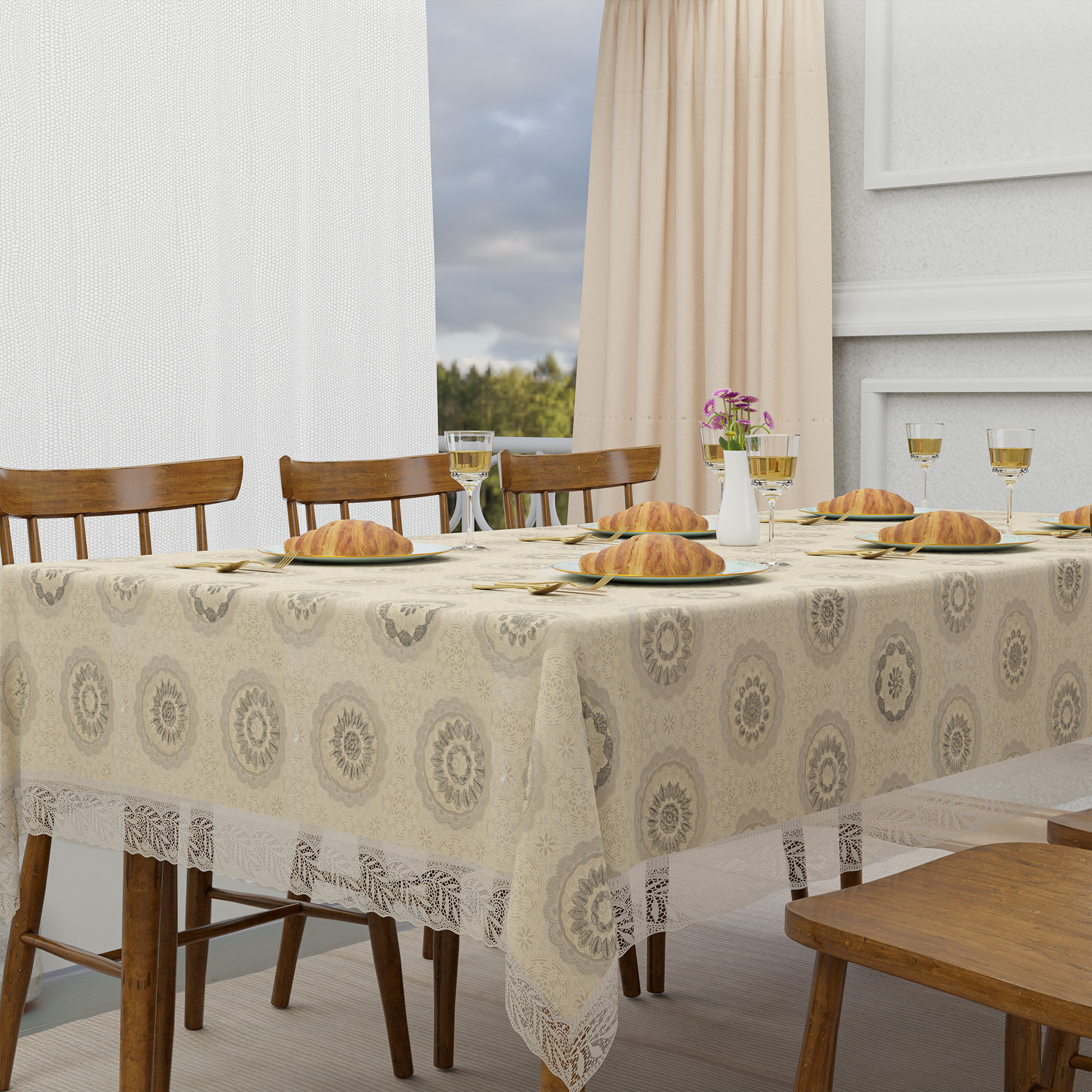 Kuber Industries 45x70 Inch PVC Dining Table Cover 6 Seater Waterproof  Spill-Resistant Table Cover Cloth  Table Protector for Dining Room Kitchen  Outdoor  Rangoli Cedar CBF - Cream  Grey