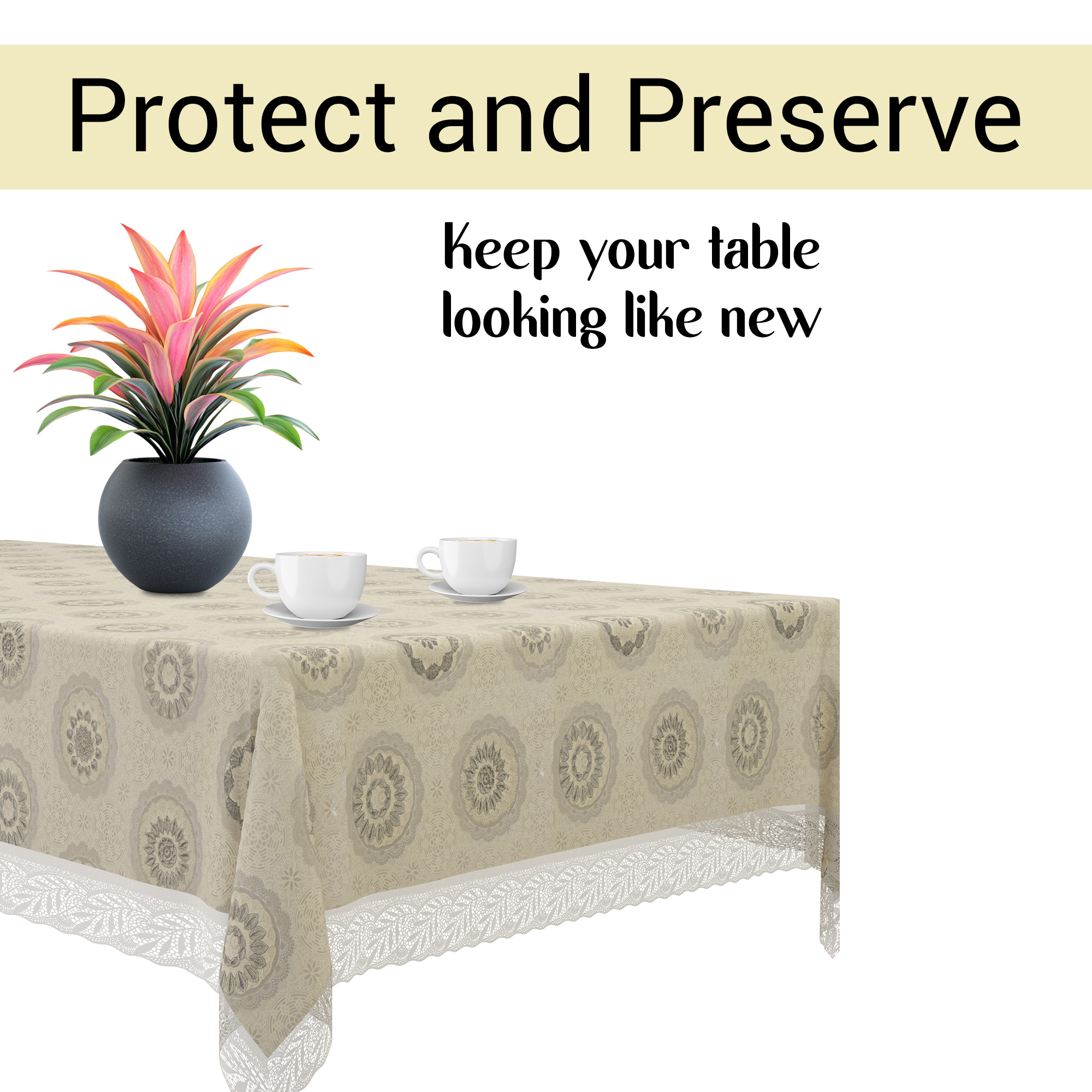 Kuber Industries 45x70 Inch PVC Dining Table Cover 6 Seater Waterproof  Spill-Resistant Table Cover Cloth  Table Protector for Dining Room Kitchen  Outdoor  Rangoli Cedar CBF - Cream  Grey